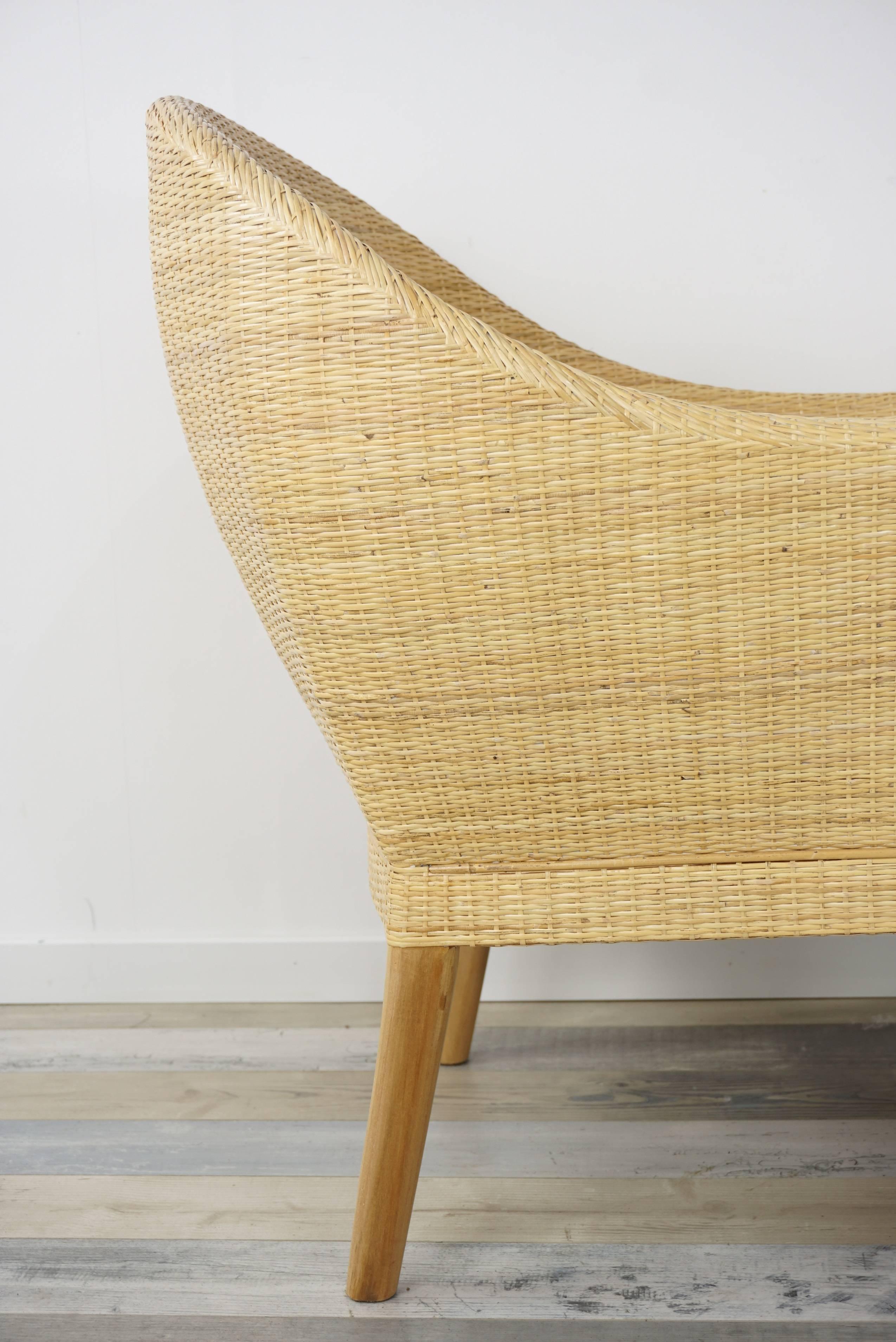 French Design Rattan and Wooden Teak Armchair In Excellent Condition In Tourcoing, FR