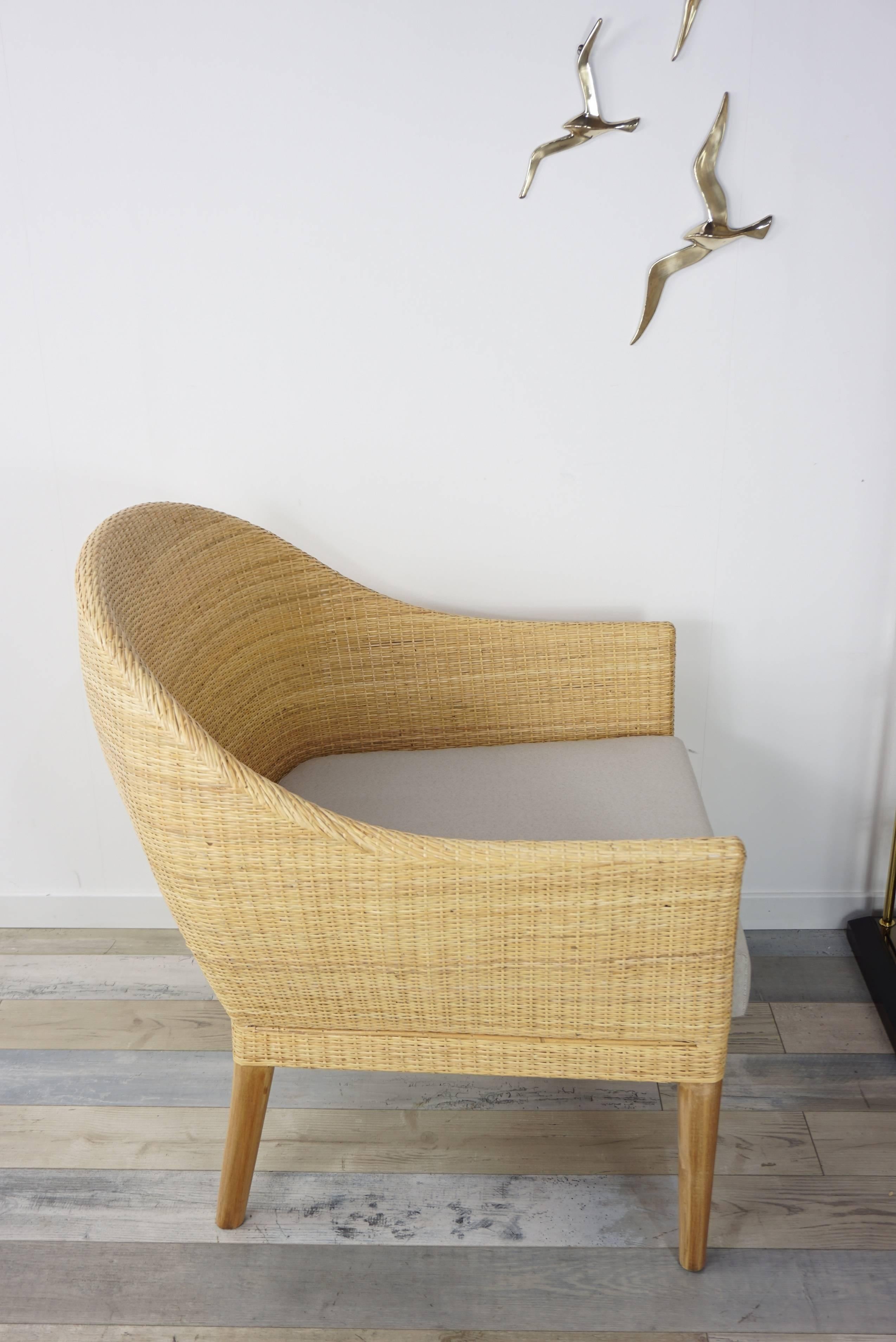 Contemporary French Design Rattan and Wooden Teak Armchair