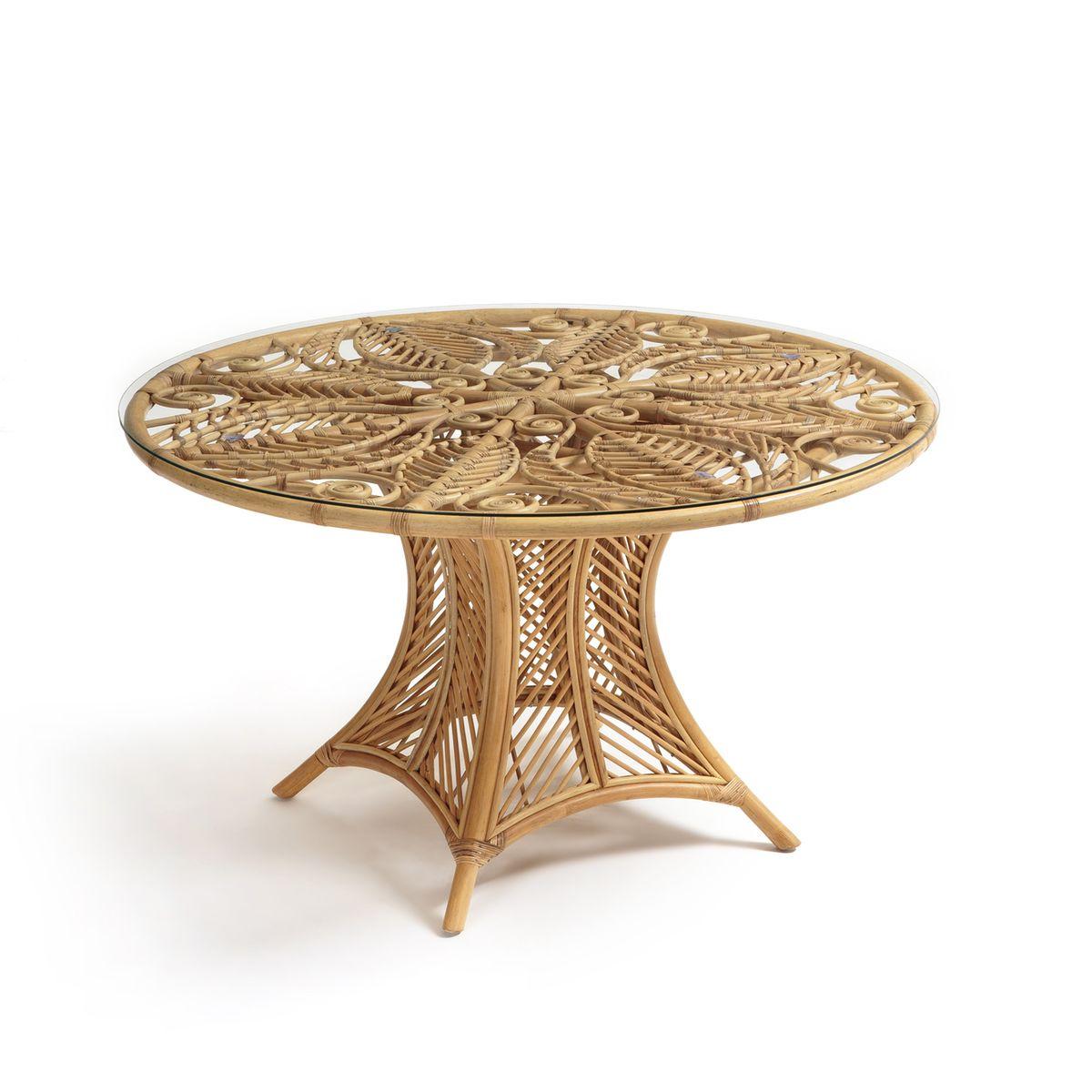 French design and round pedestal dining table composed of a metal structure adorned with hand braided rattan. Elegance and transparency with a round glass tray, aerial and mcm style, in excellent state. (never used).
