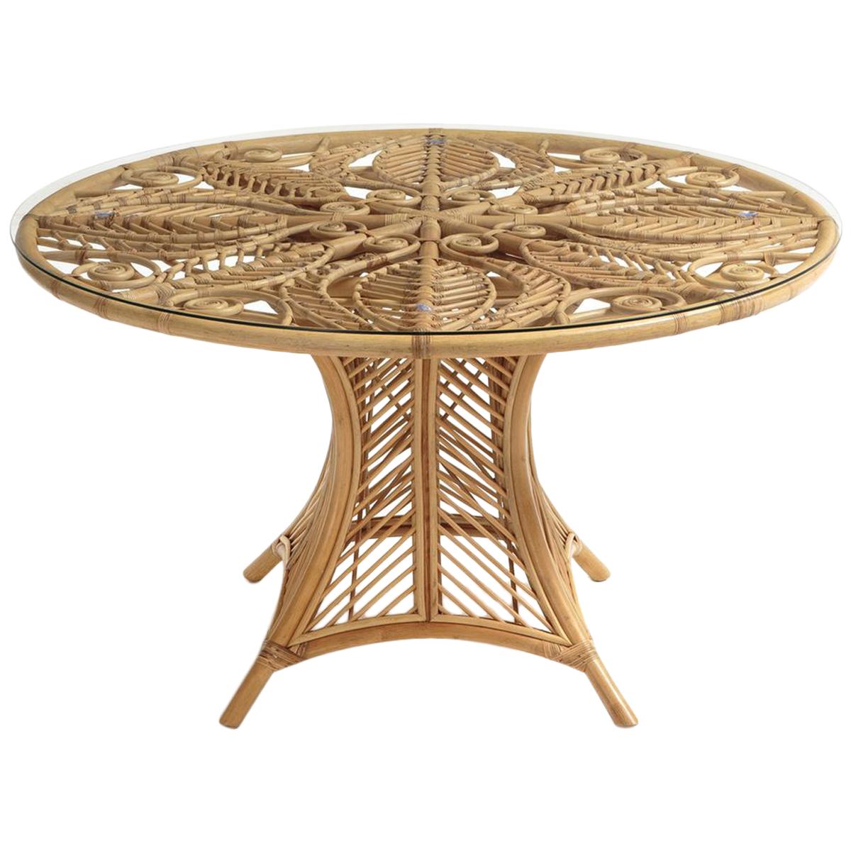 French Design Round Rattan And Tempered Glass Pedestal Table For Sale