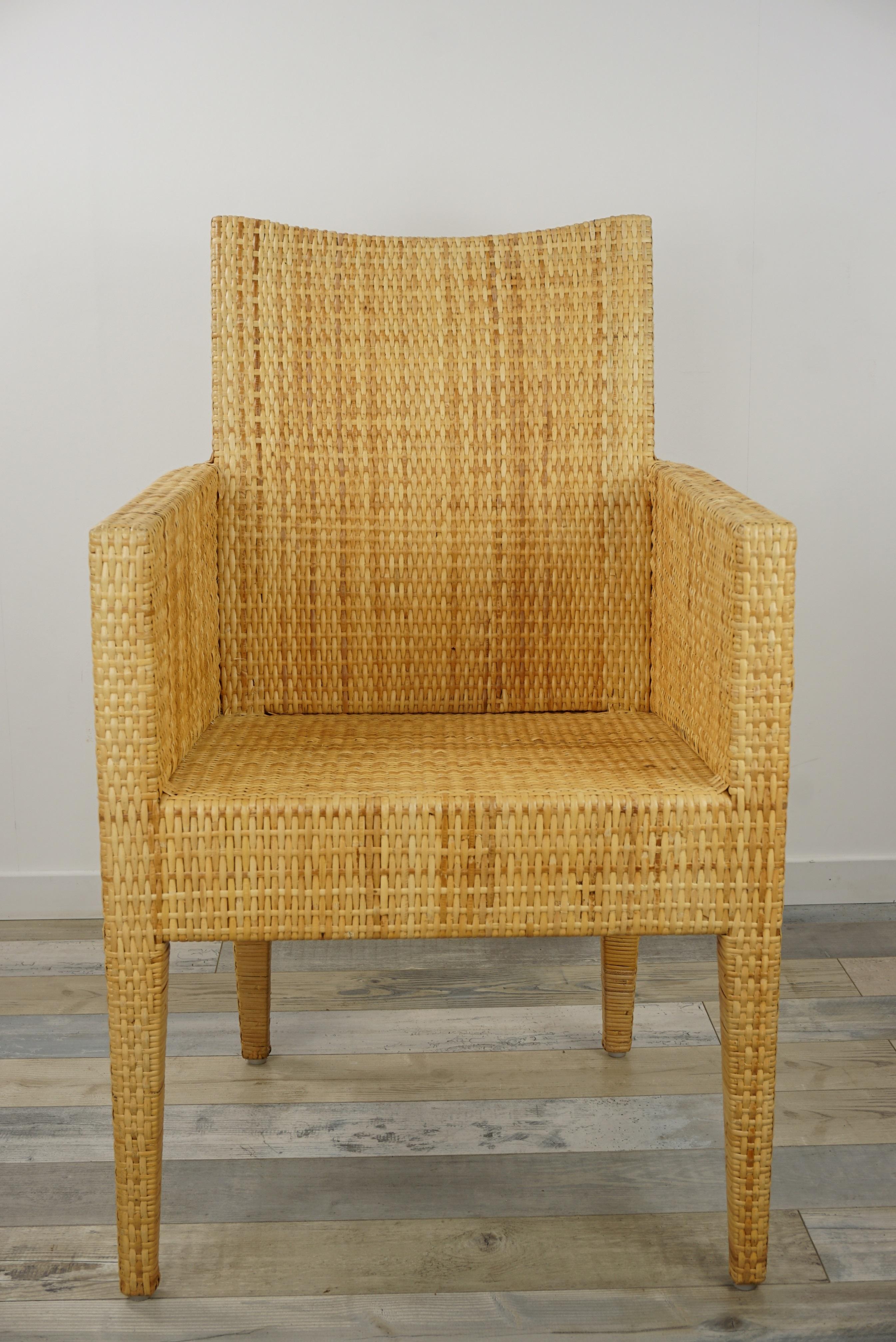 French Design Rattan Wicker Pair of Bridge Armchairs For Sale 8