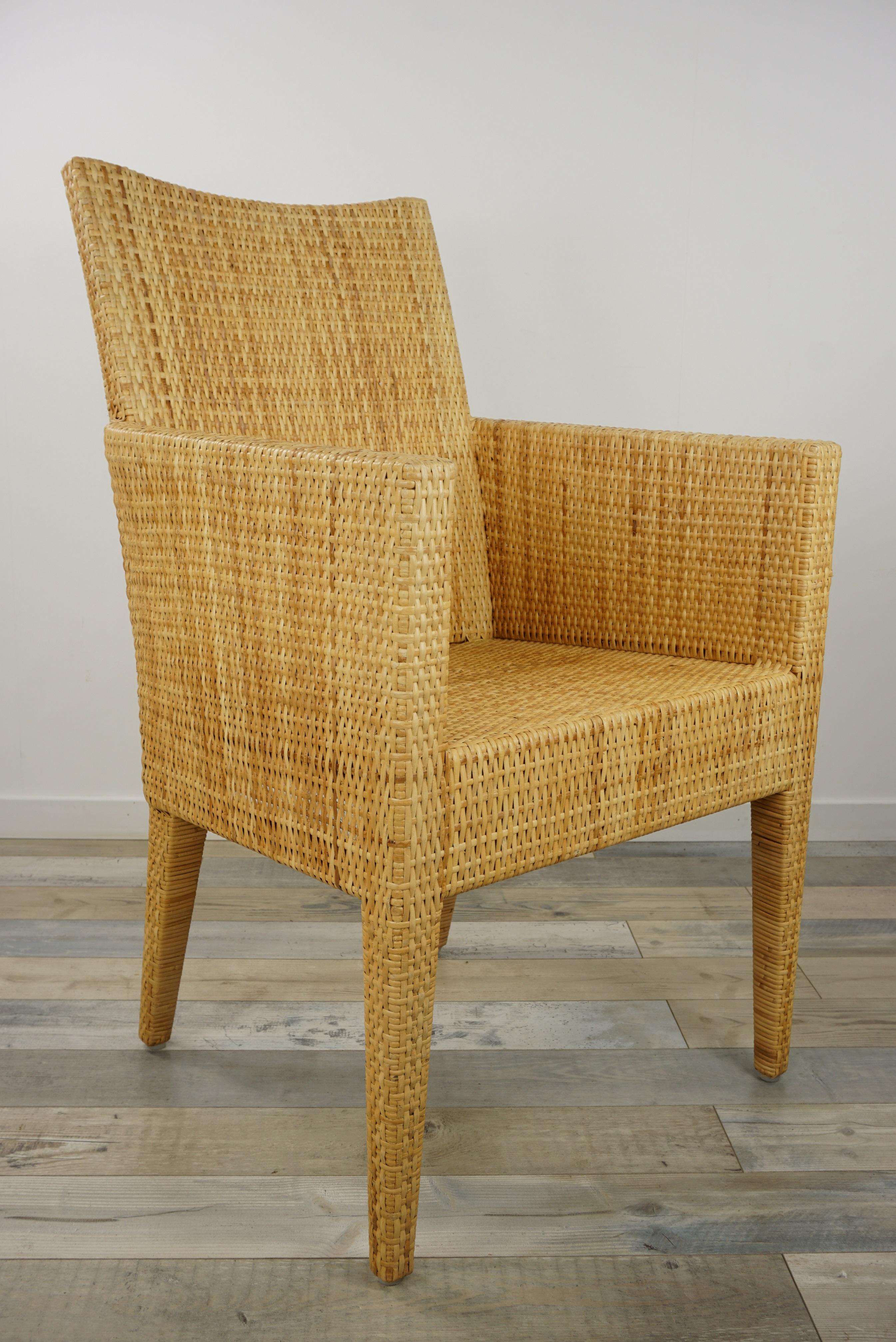 French Design Rattan Wicker Pair of Bridge Armchairs For Sale 11