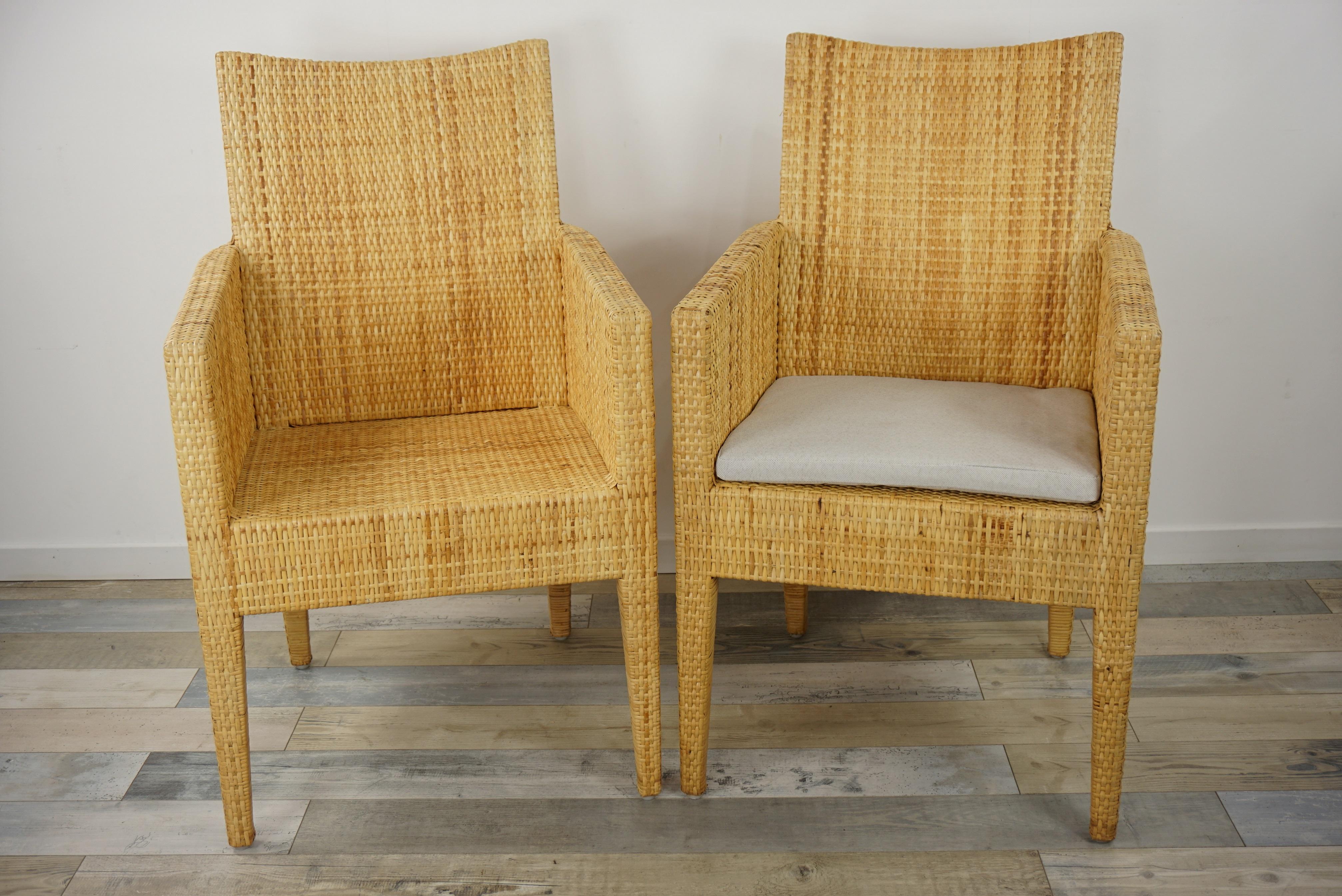 French Design Rattan Wicker Pair of Bridge Armchairs For Sale 12