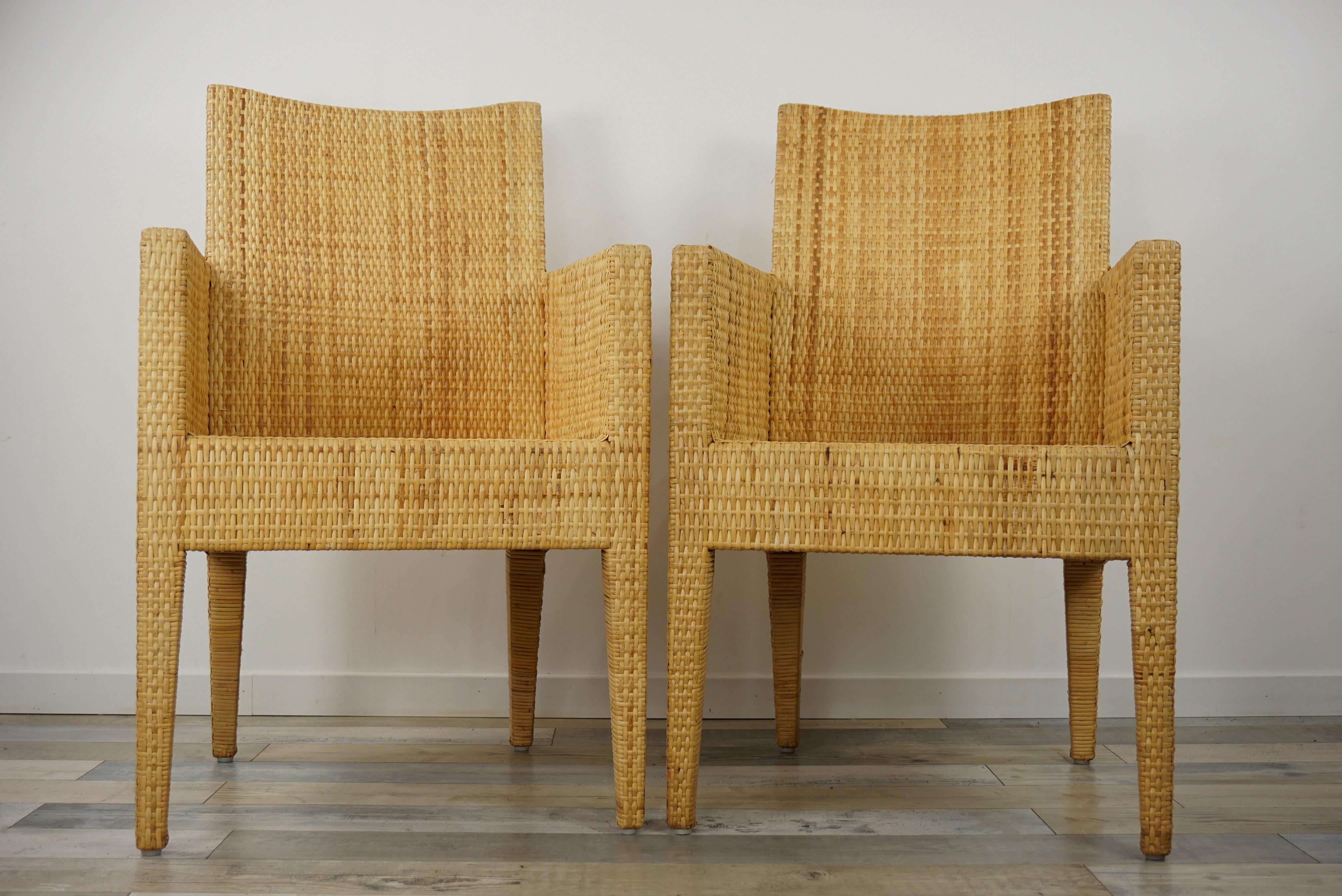 Paar Bridge-Sessel aus Rattan und Korbweide im französischen Design (Hollywood Regency) im Angebot