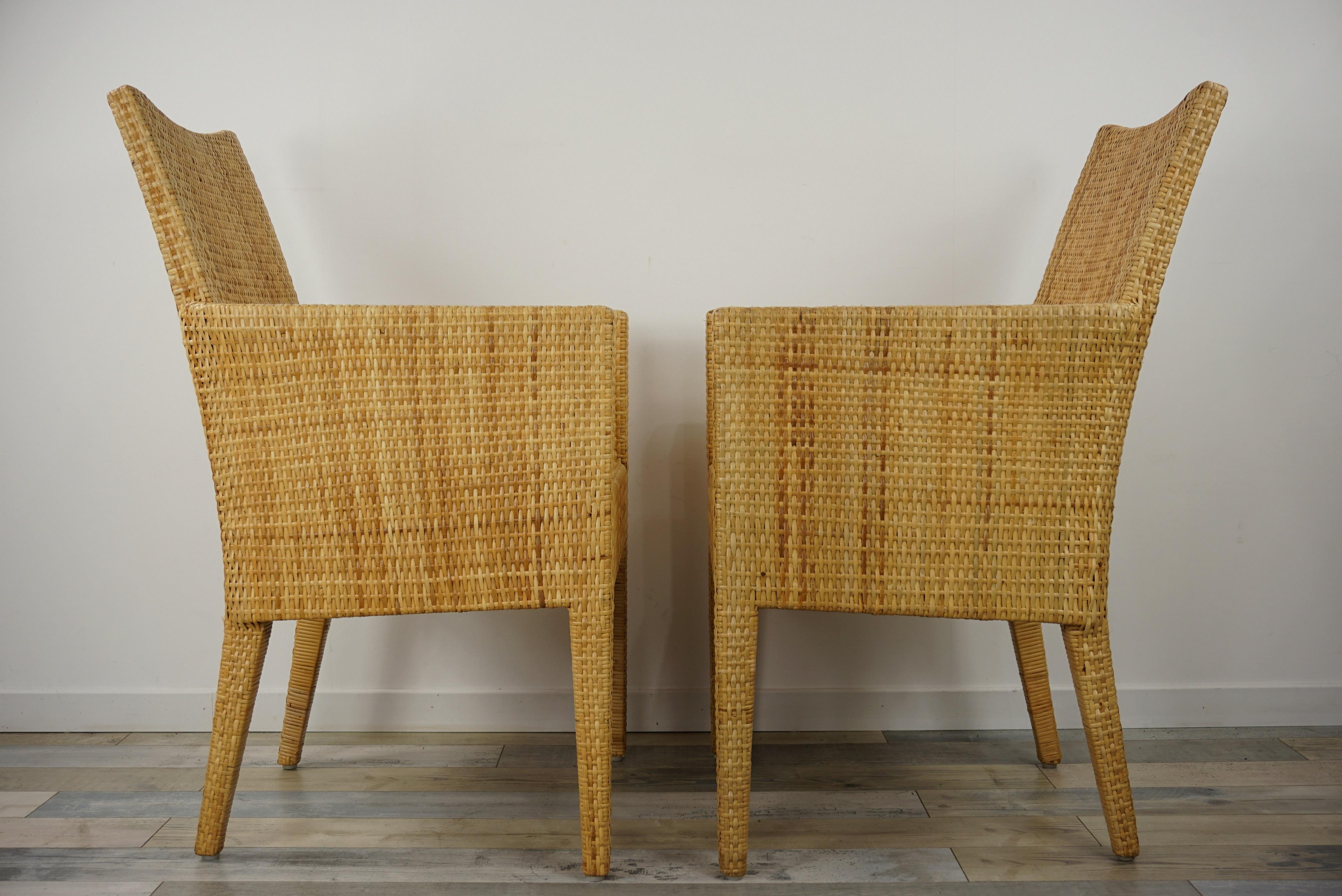 Hollywood Regency French Design Rattan Wicker Pair of Bridge Armchairs For Sale