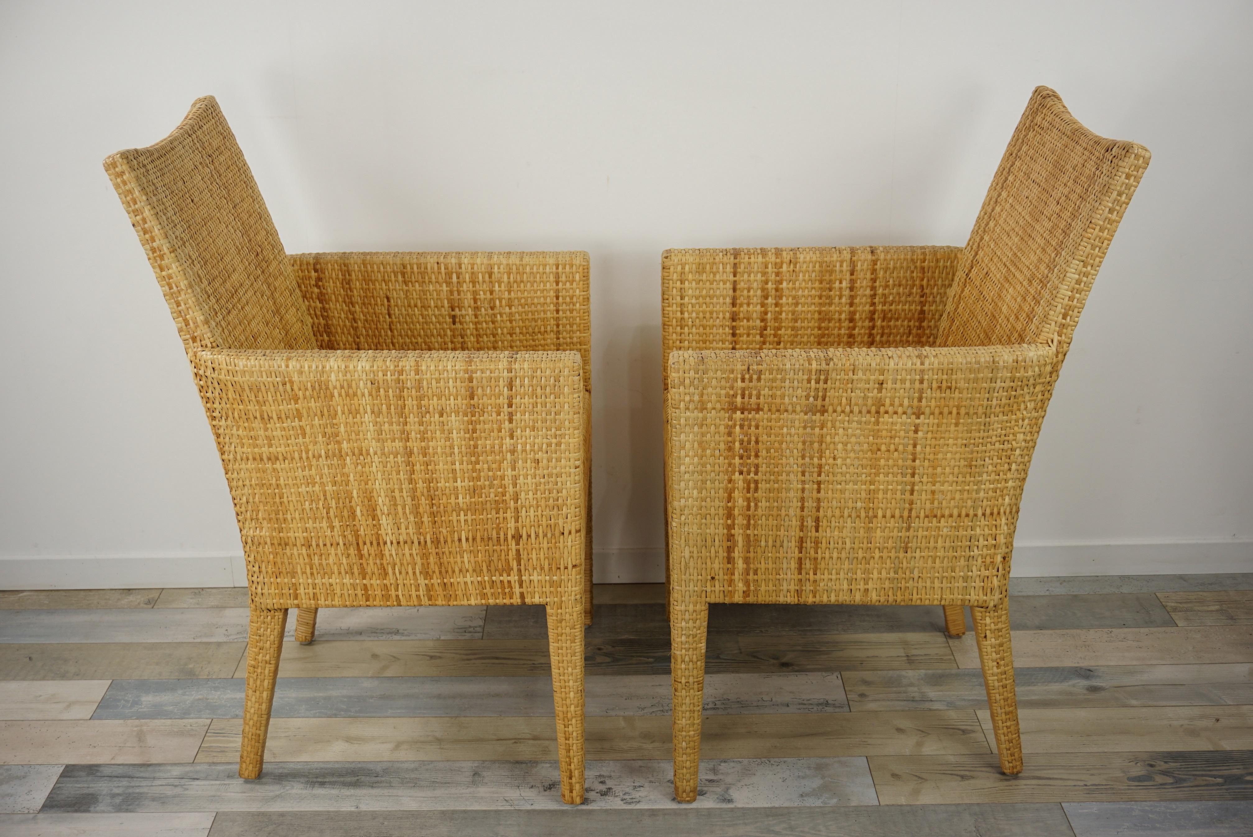 20th Century French Design Rattan Wicker Pair of Bridge Armchairs For Sale