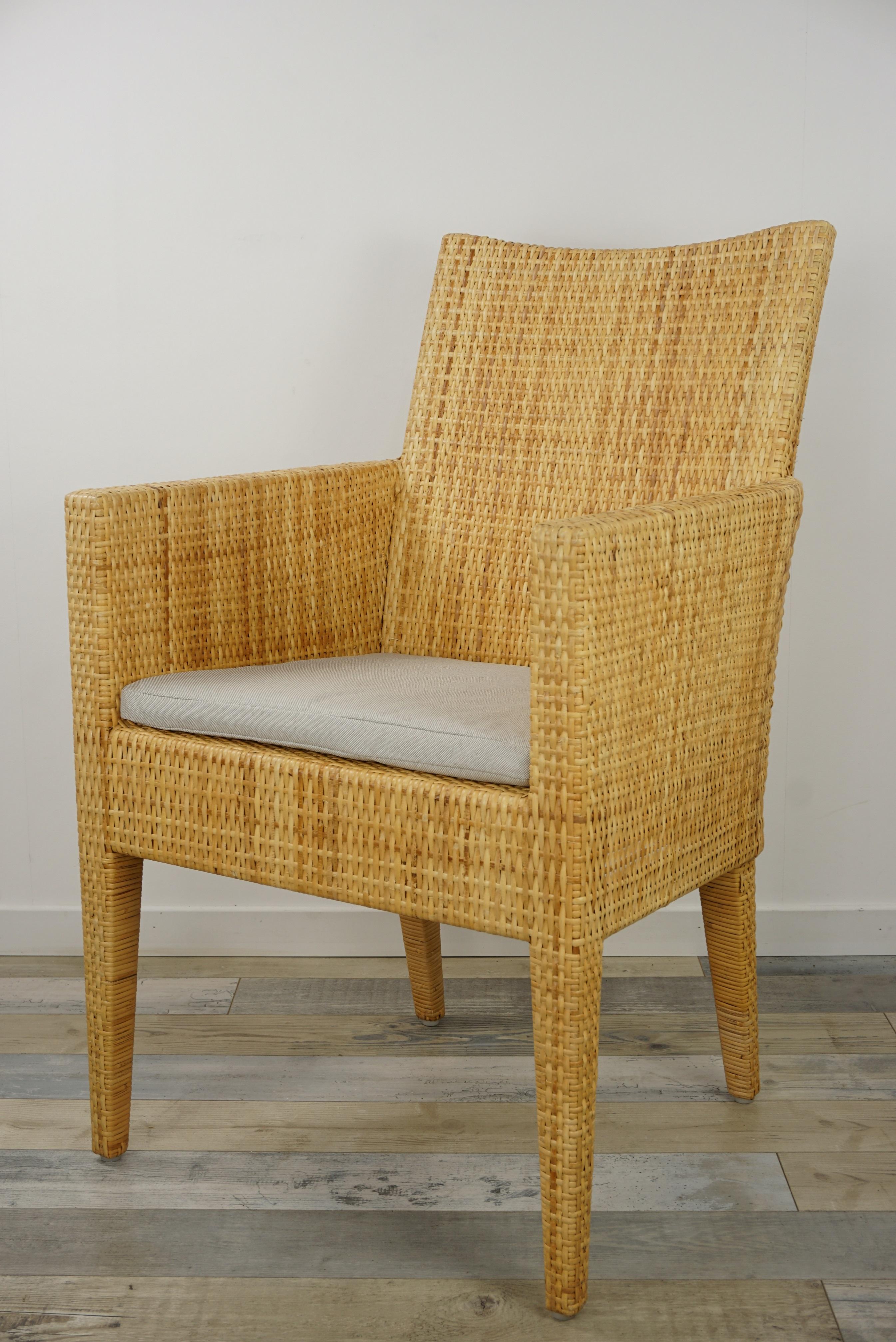 French Design Rattan Wicker Pair of Bridge Armchairs For Sale 1