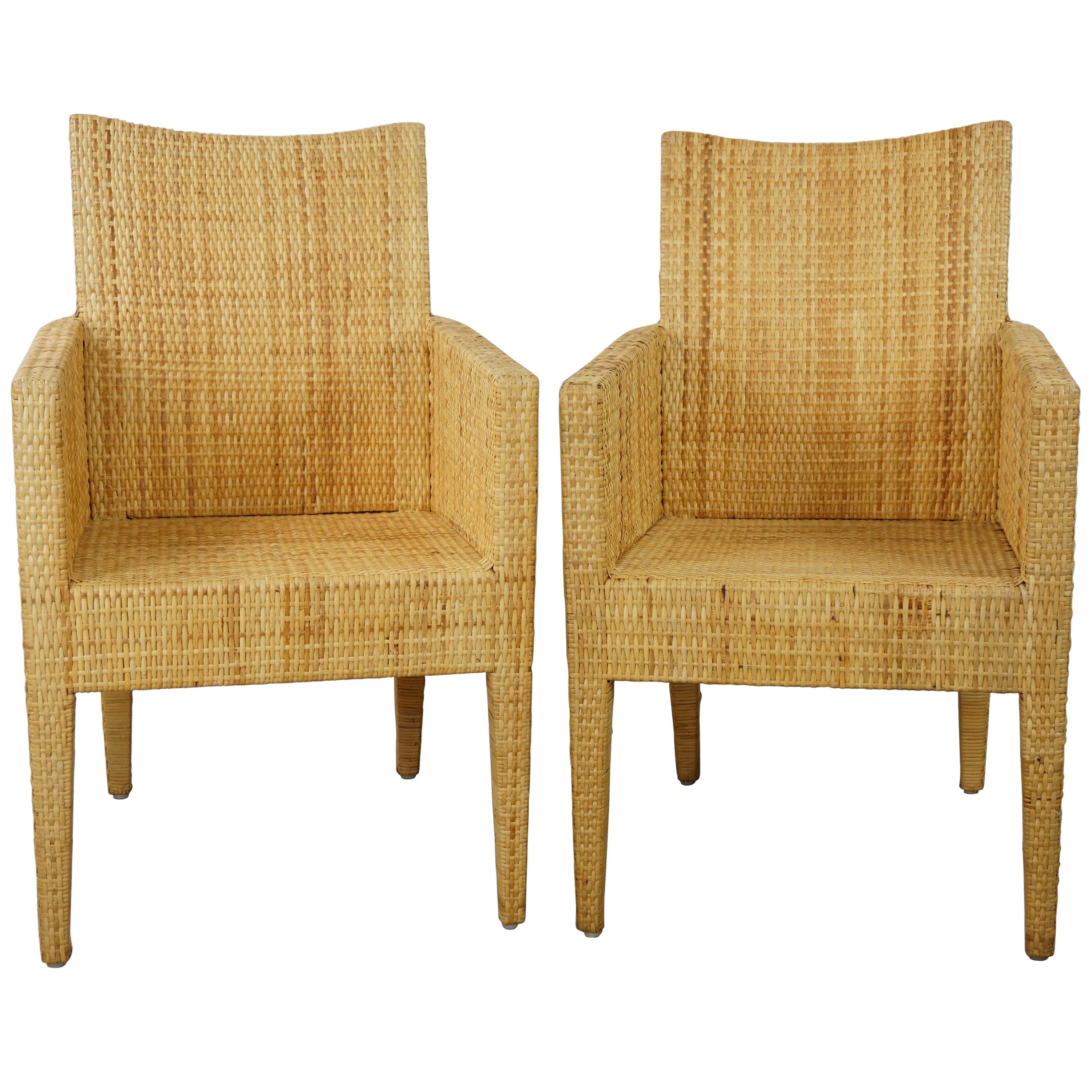 French Design Rattan Wicker Pair of Bridge Armchairs For Sale