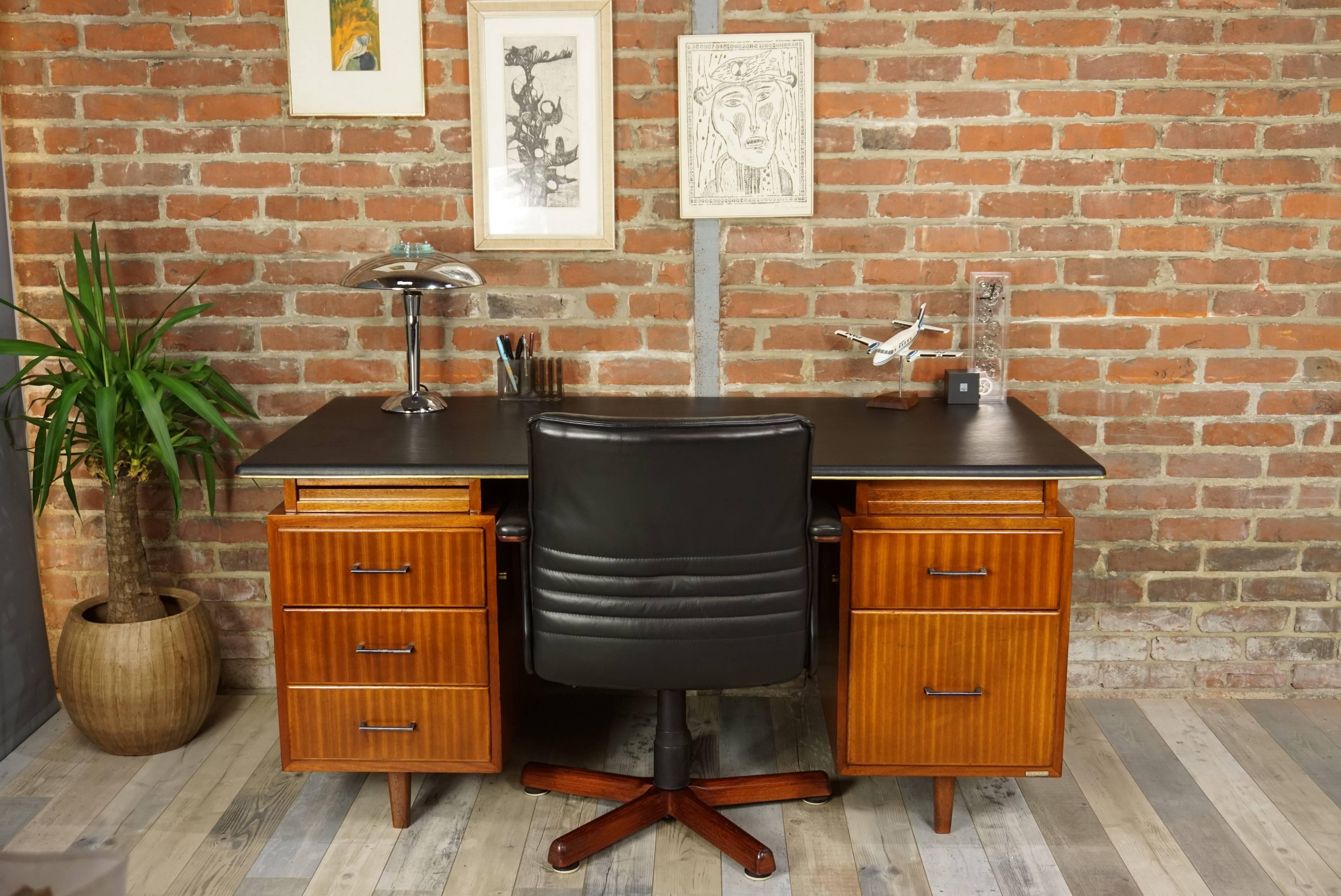 French Design Teak Wooden and Black Executive Desk from the 1950s by Burwood 12