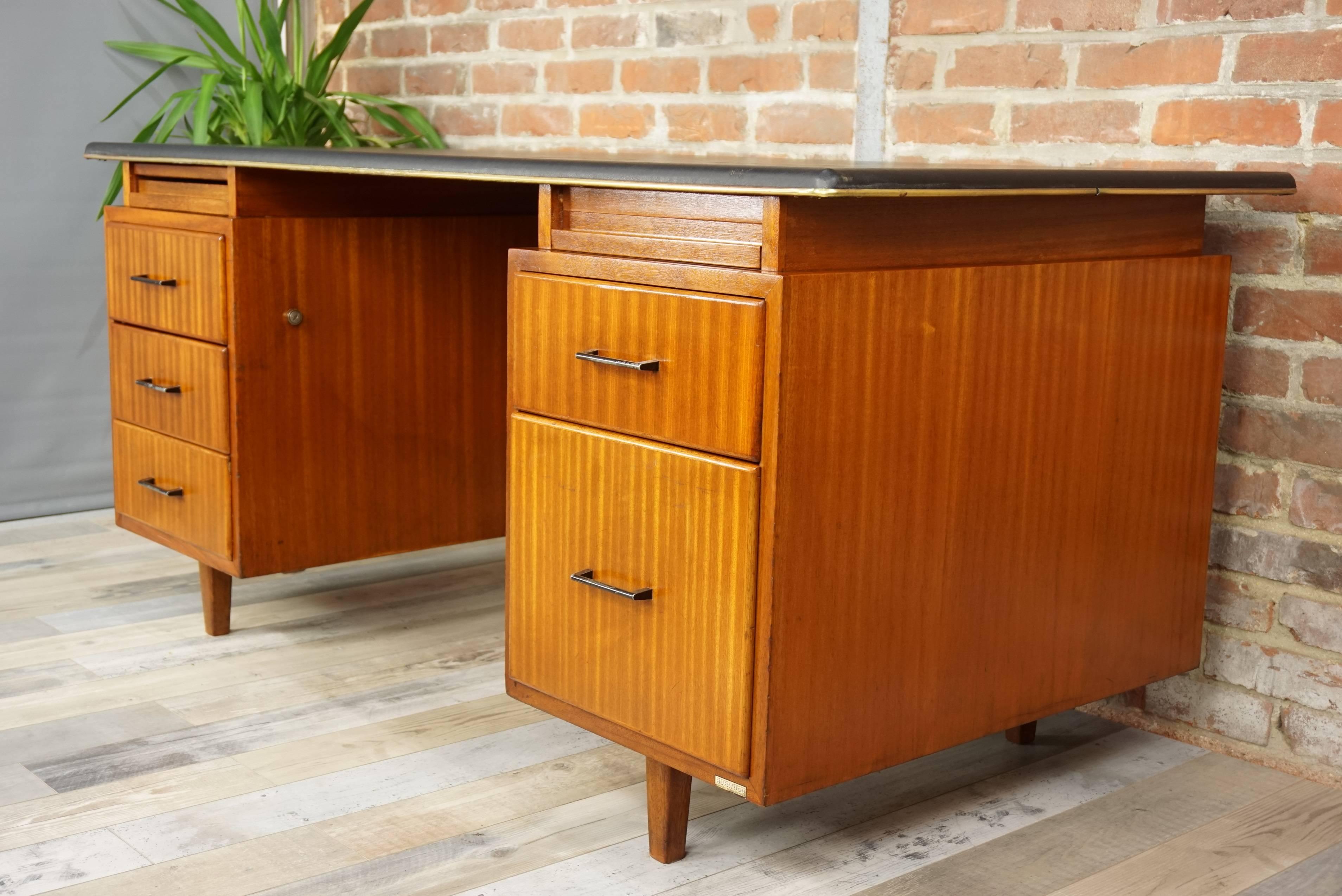 French Design Teak Wooden and Black Executive Desk from the 1950s by Burwood In Excellent Condition In Tourcoing, FR