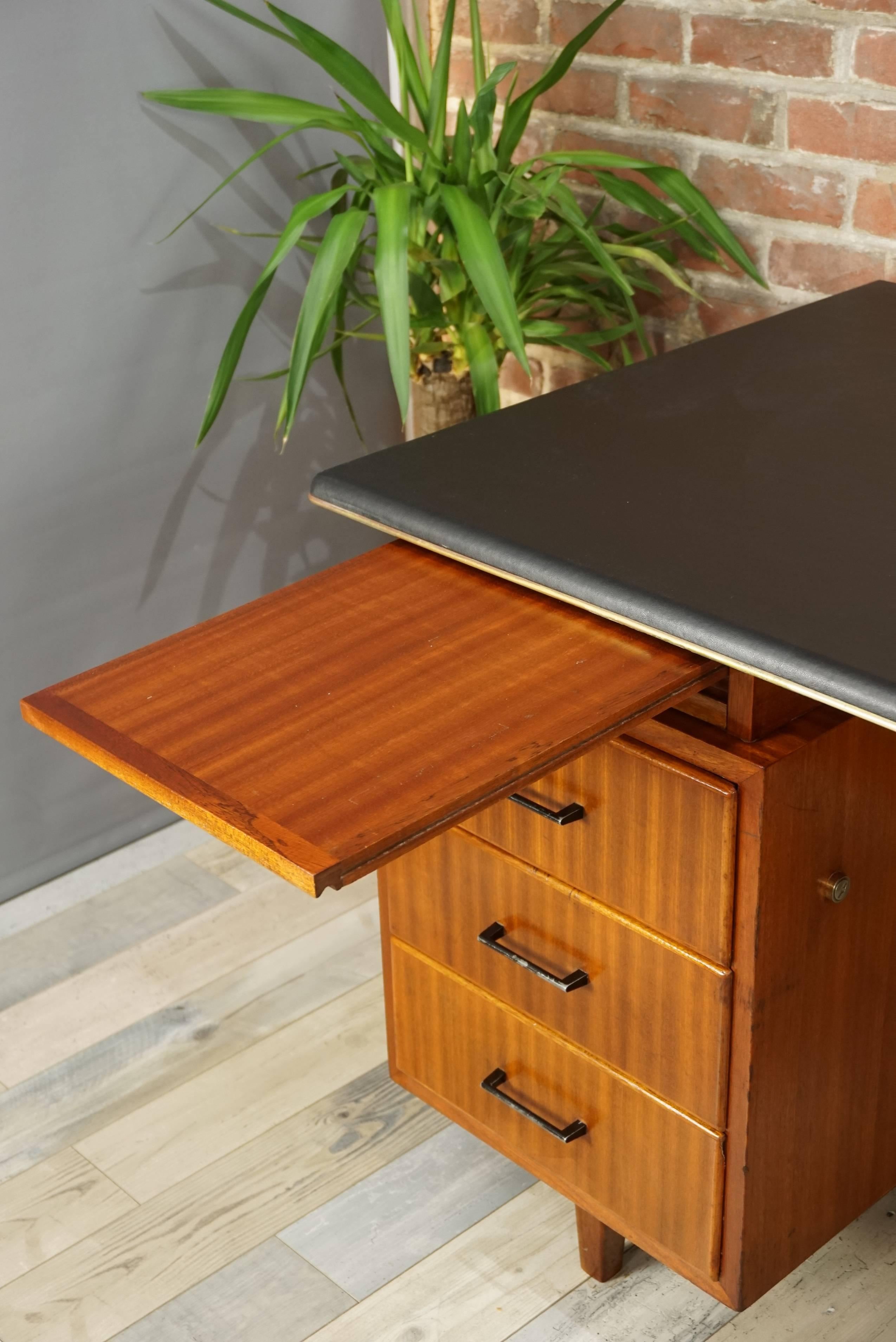 Faux Leather French Design Teak Wooden and Black Executive Desk from the 1950s by Burwood