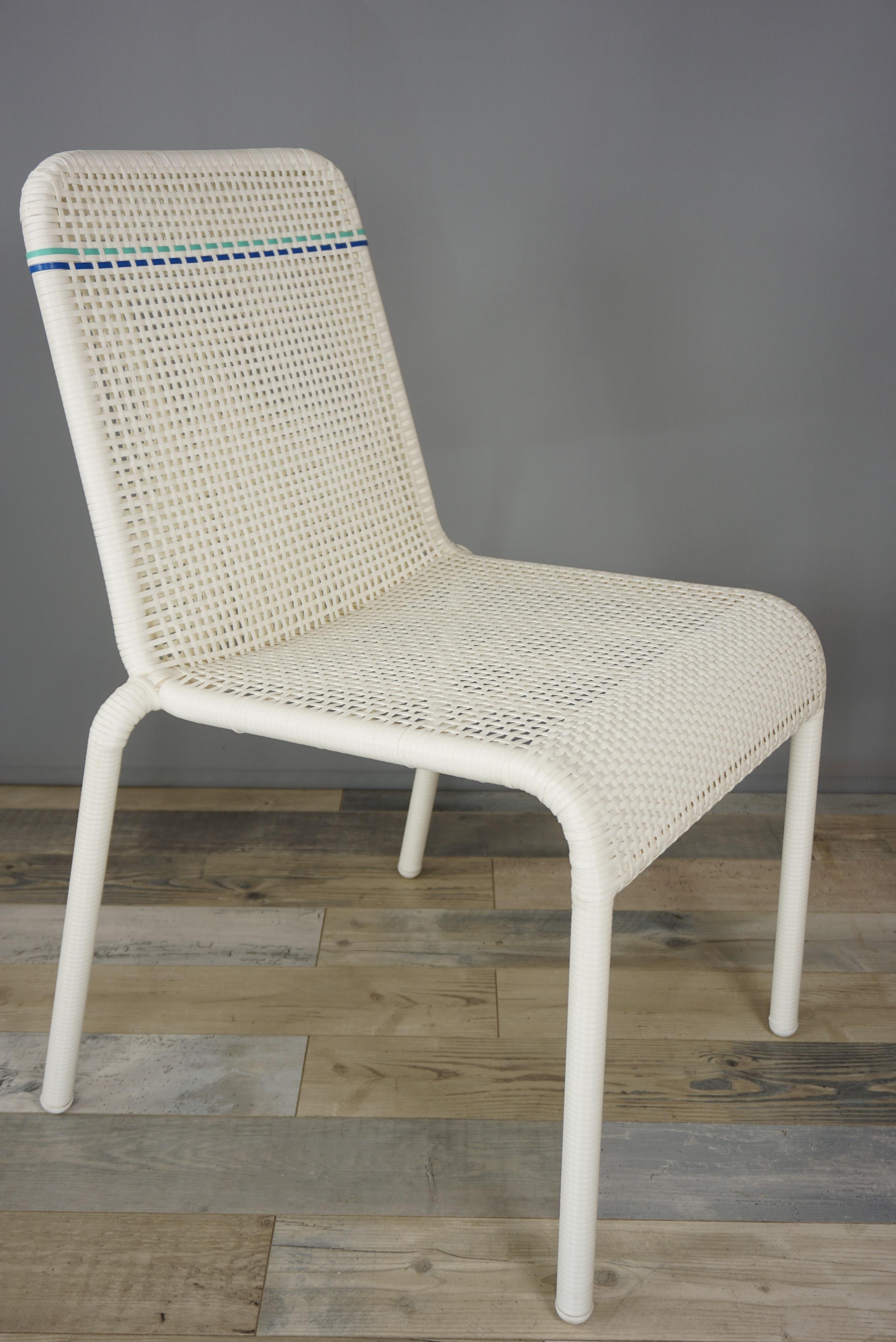 French Design White and Blue Outlined Braided Resin Chair 3