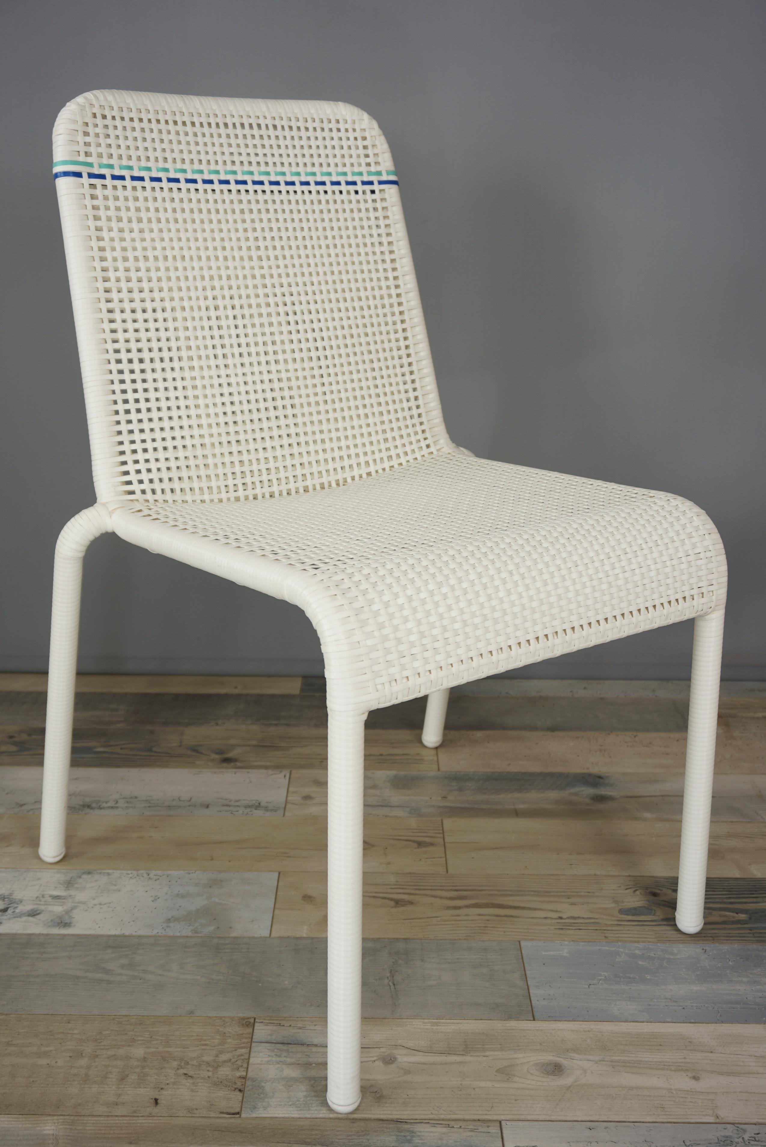French Design White and Blue Outlined Braided Resin Chair 4