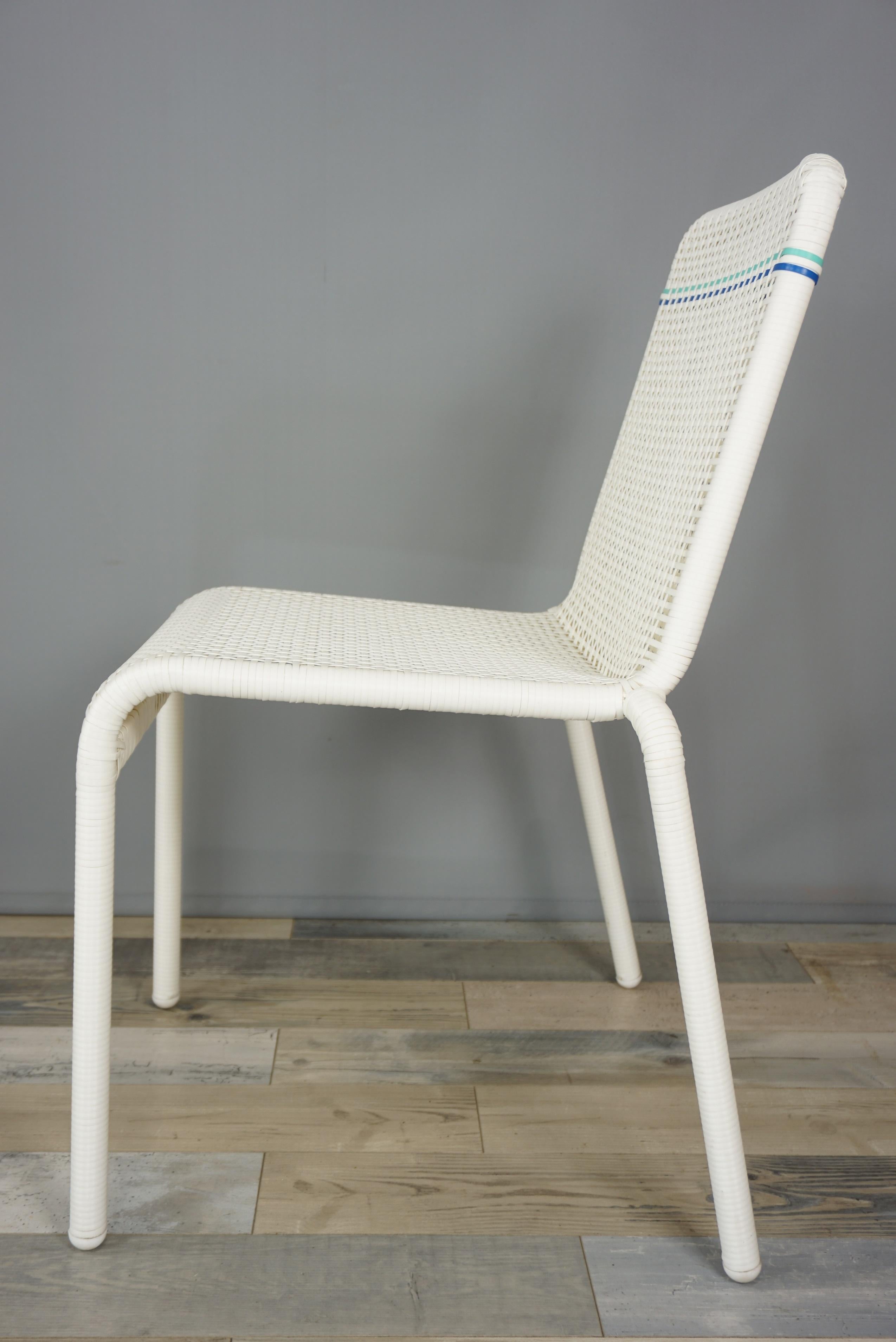 Mid-Century Modern French Design White and Blue Outlined Braided Resin Chair