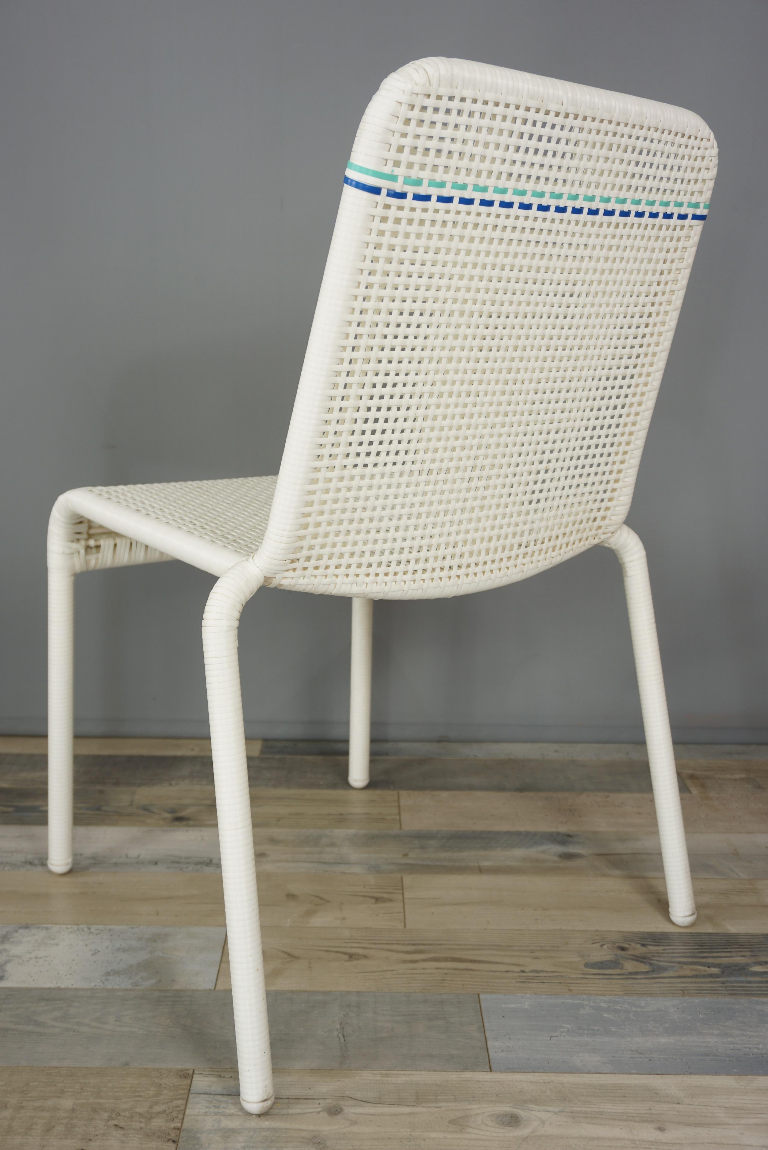 Contemporary French Design White and Blue Outlined Braided Resin Chair
