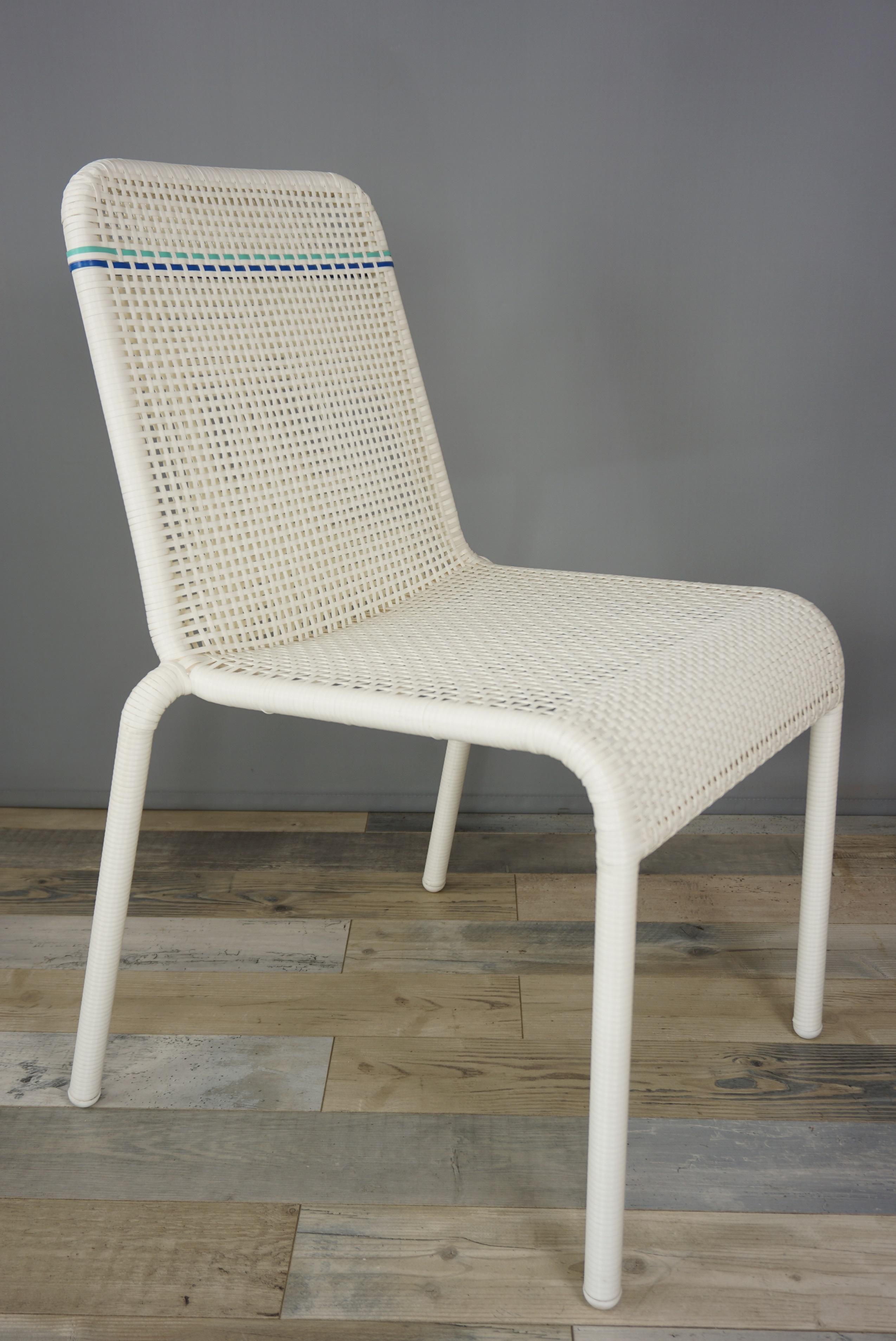 French Design White and Blue Outlined Braided Resin Chair 2