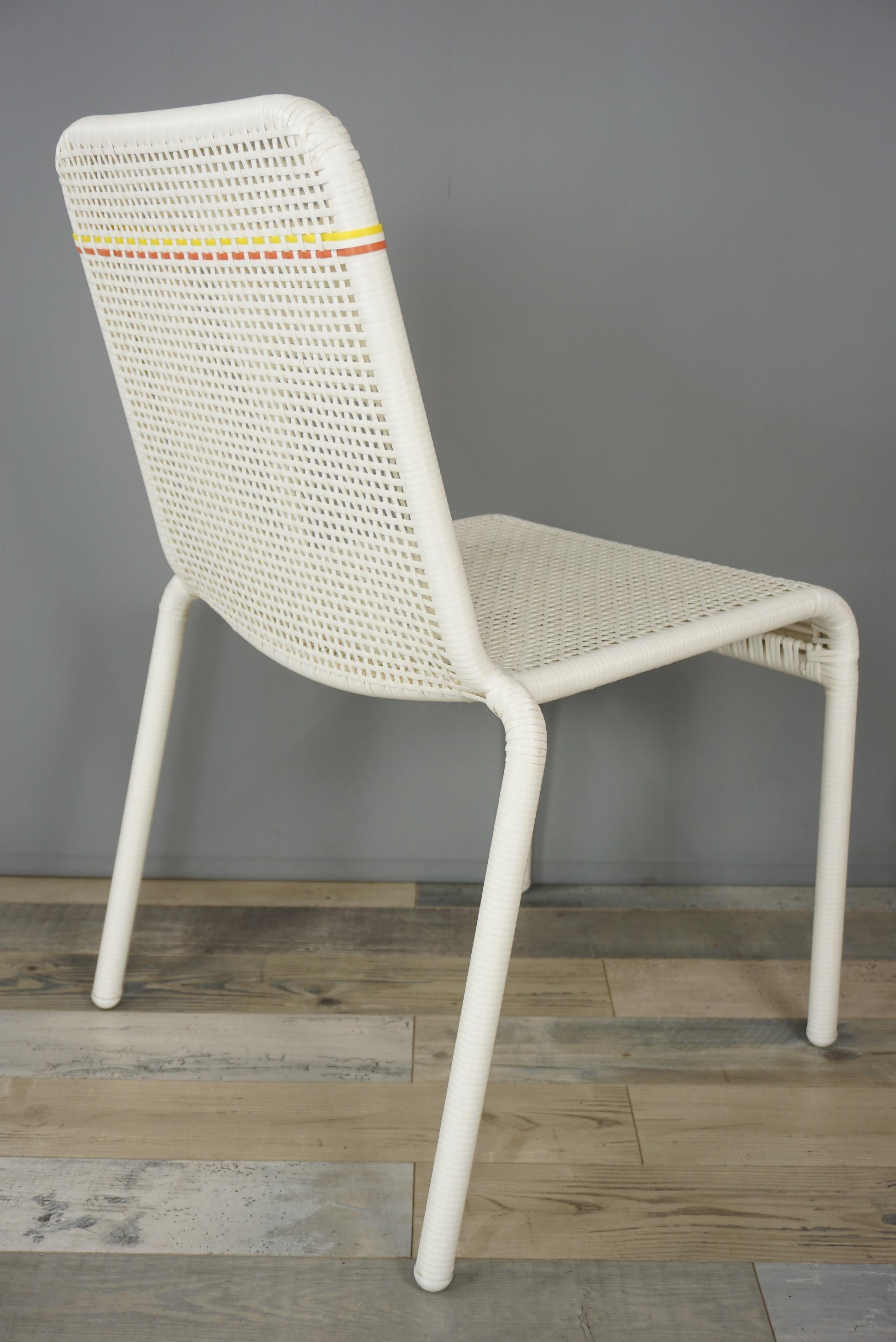 Contemporary French Design White Yellow and Red Outlined Braided Resin Chair
