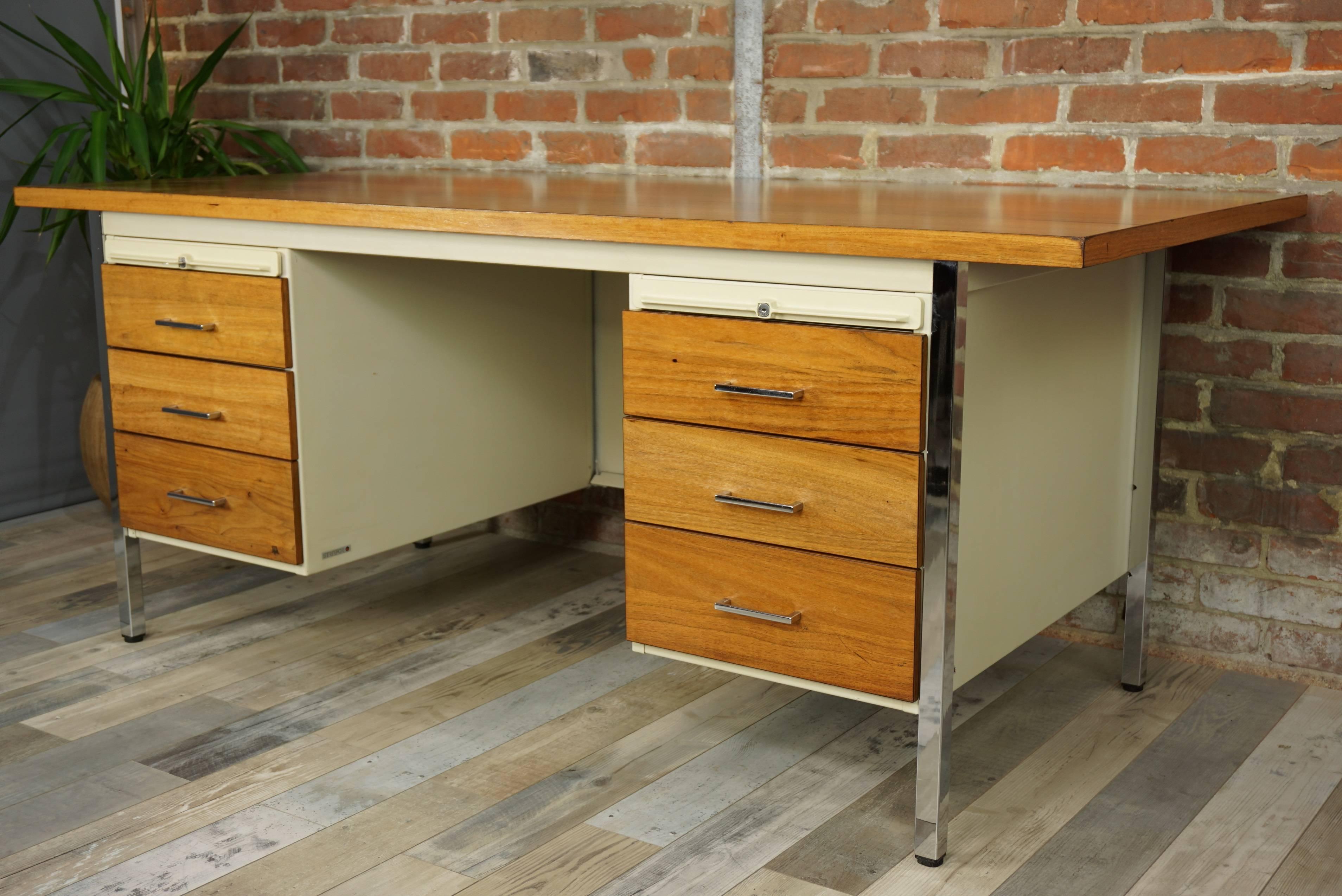 Industrial French Design Wooden and Metal Rare Executive Desk from the 1950s by Strafor