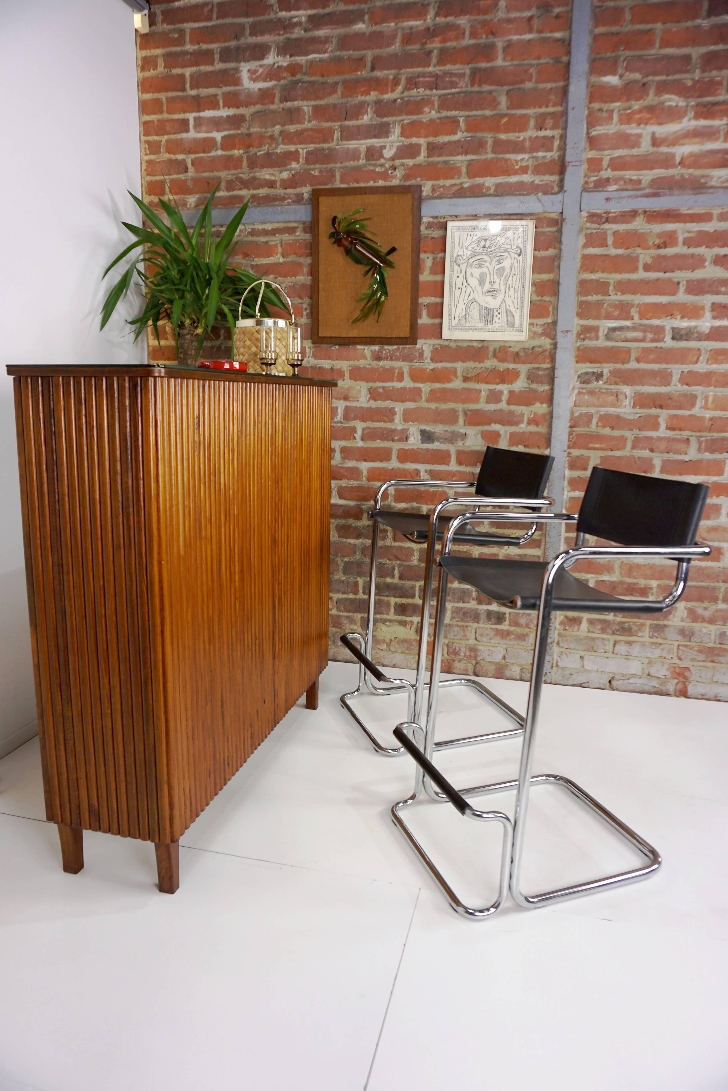 Faux Leather French Design Wooden and Mirrors Bar of the 1960s
