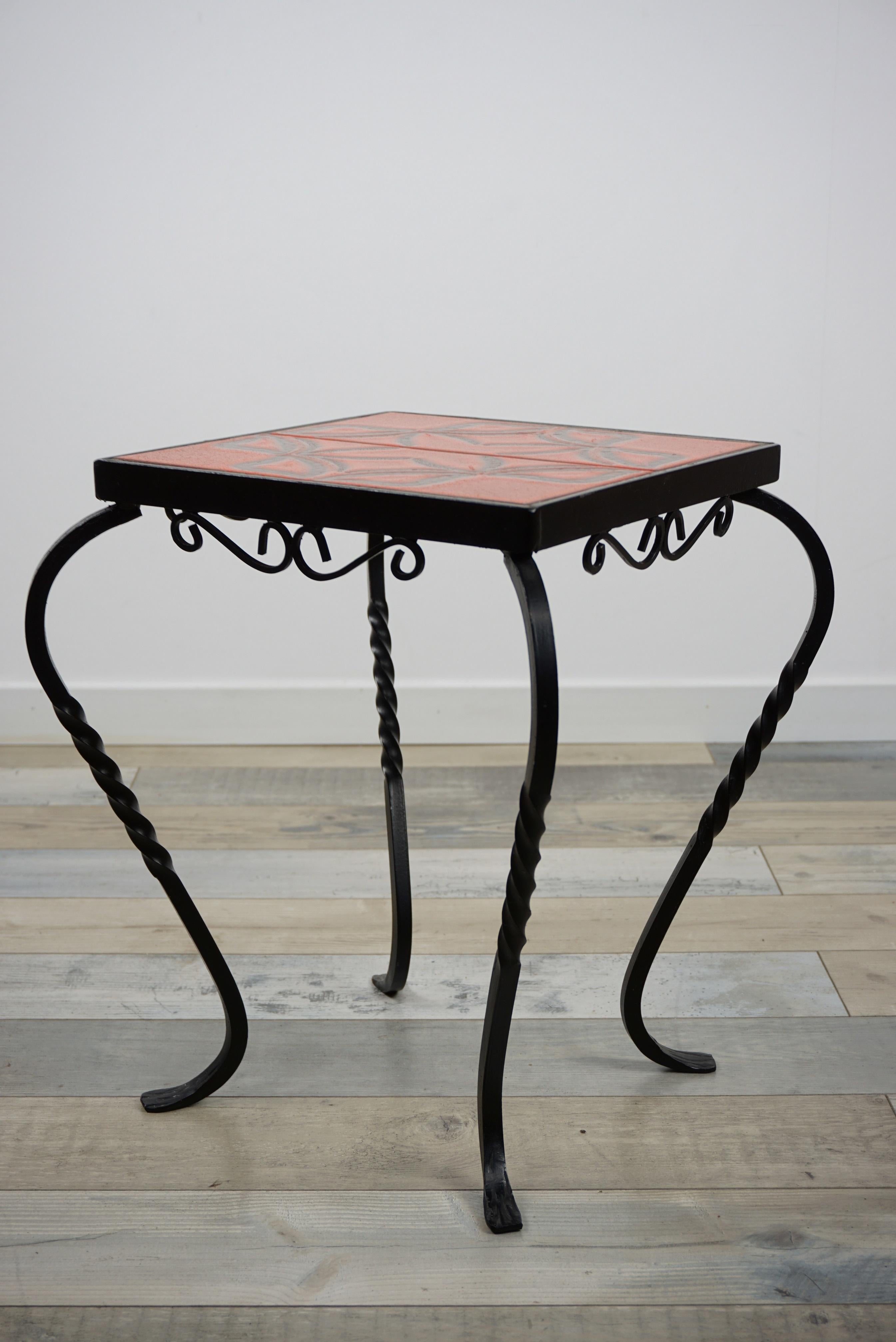 Mid-Century Modern French Design Wrought Iron and Ceramic Side Table