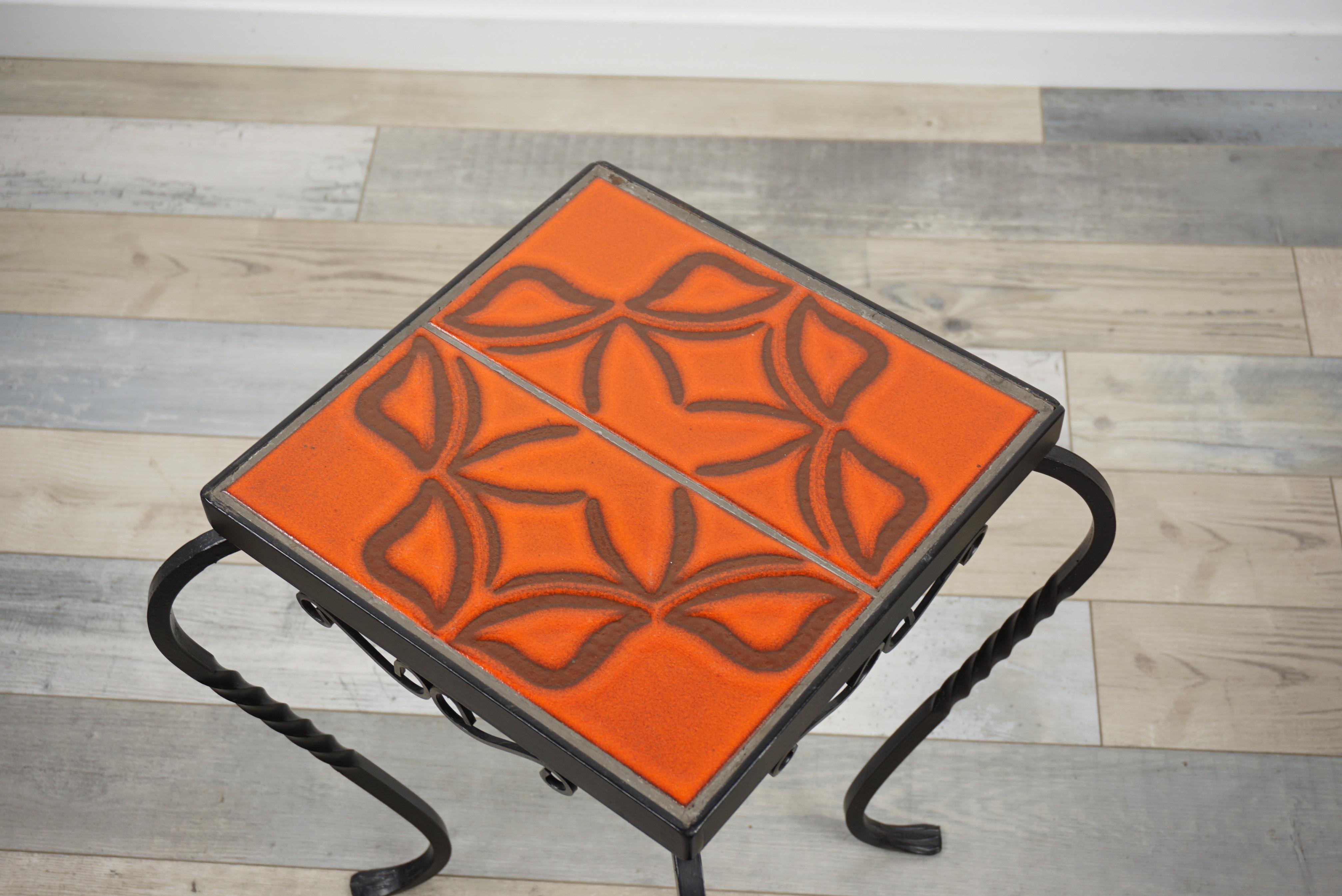 20th Century French Design Wrought Iron and Ceramic Side Table