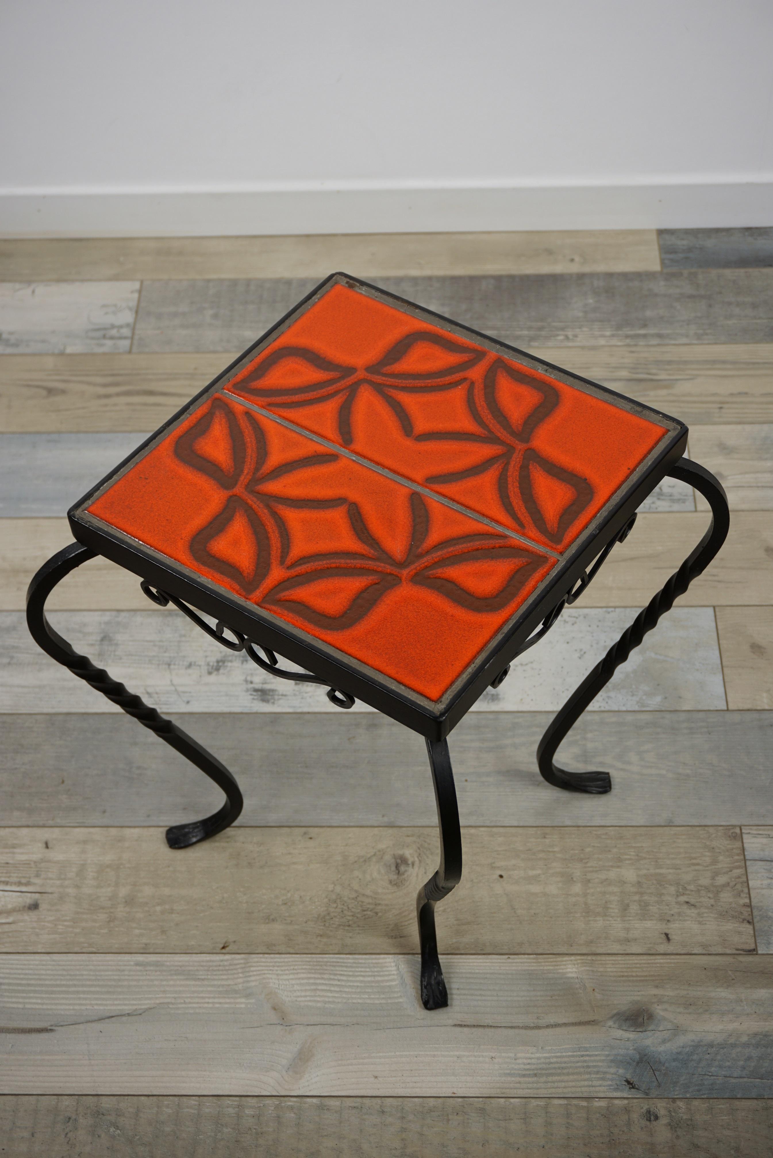 French Design Wrought Iron and Ceramic Side Table 1