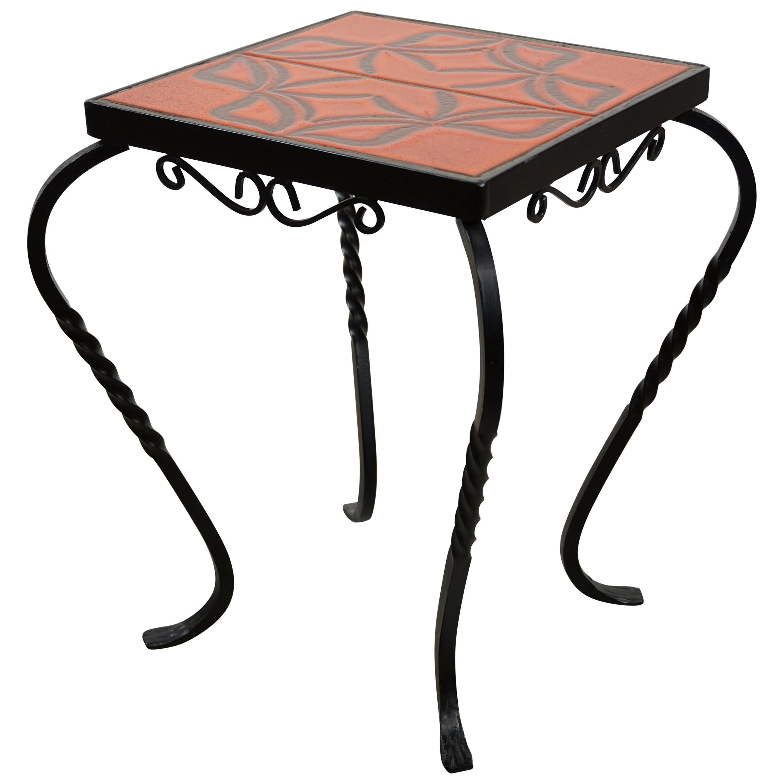 French Design Wrought Iron and Ceramic Side Table