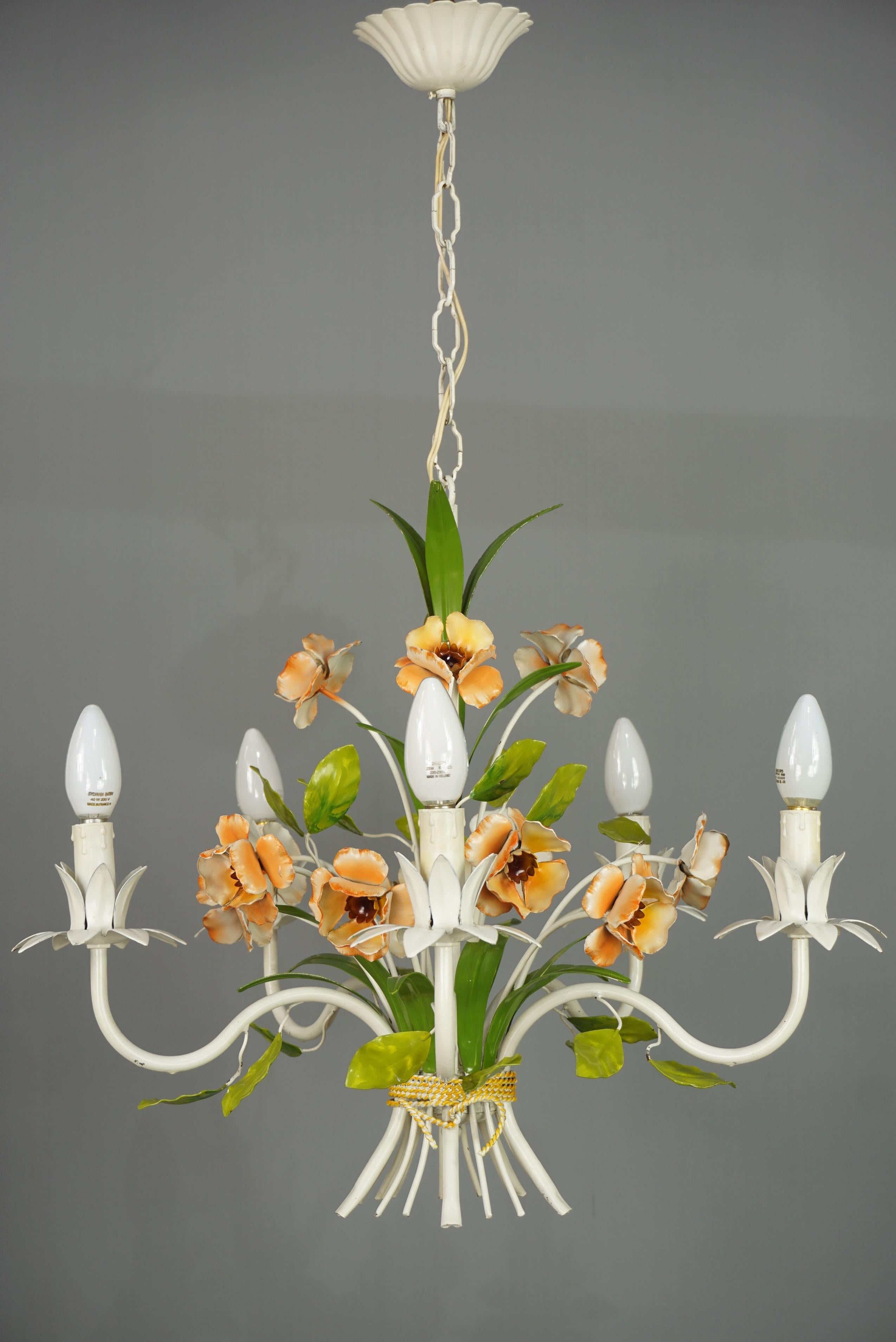 20th Century French Design Wrought Iron Flowers Chandelier