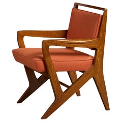 French Designer, Armchair, Oak, Fabric, France, 1950s