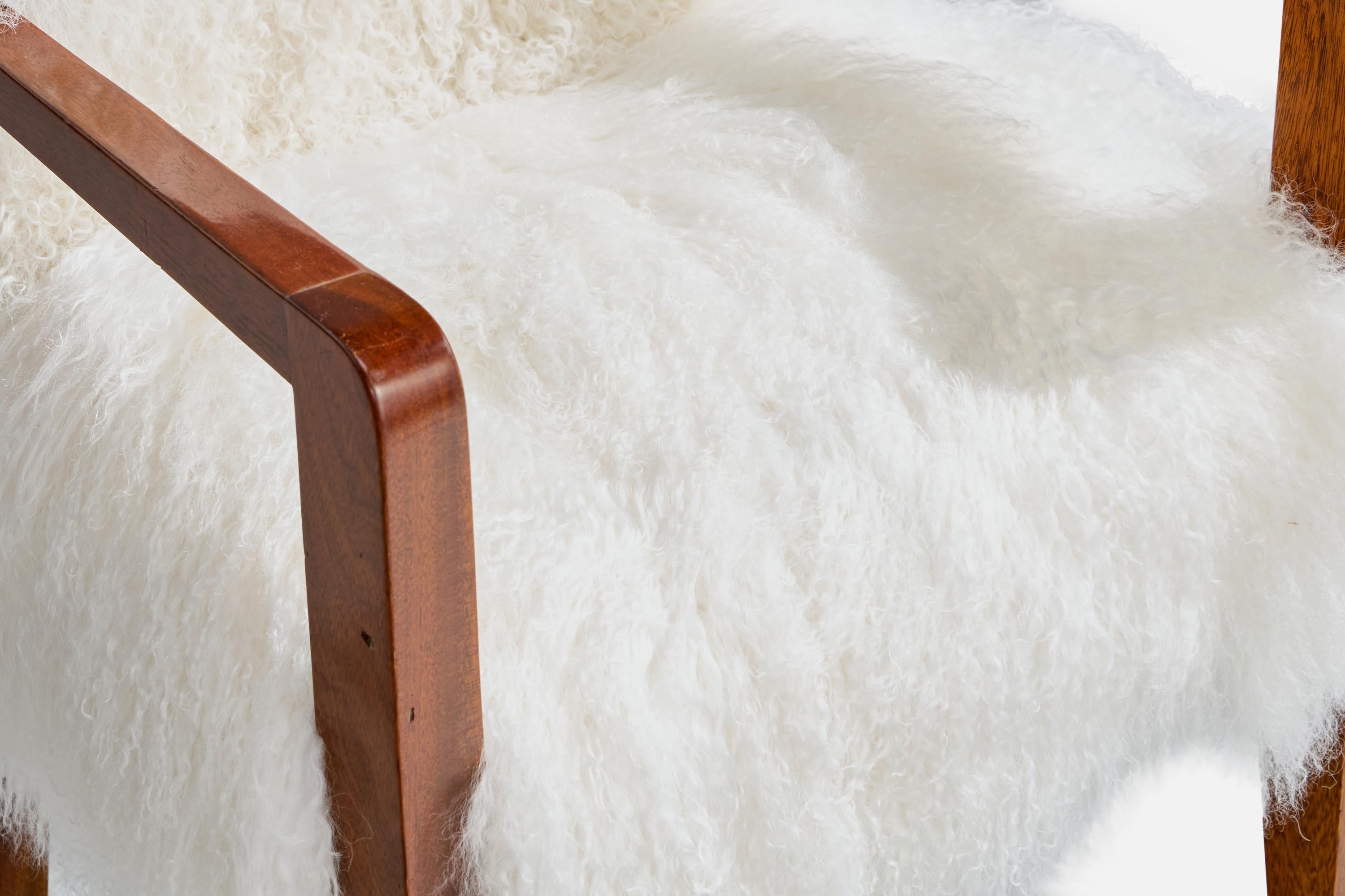French Designer, Armchair, Wood, Shearling, France, 1930s For Sale 5