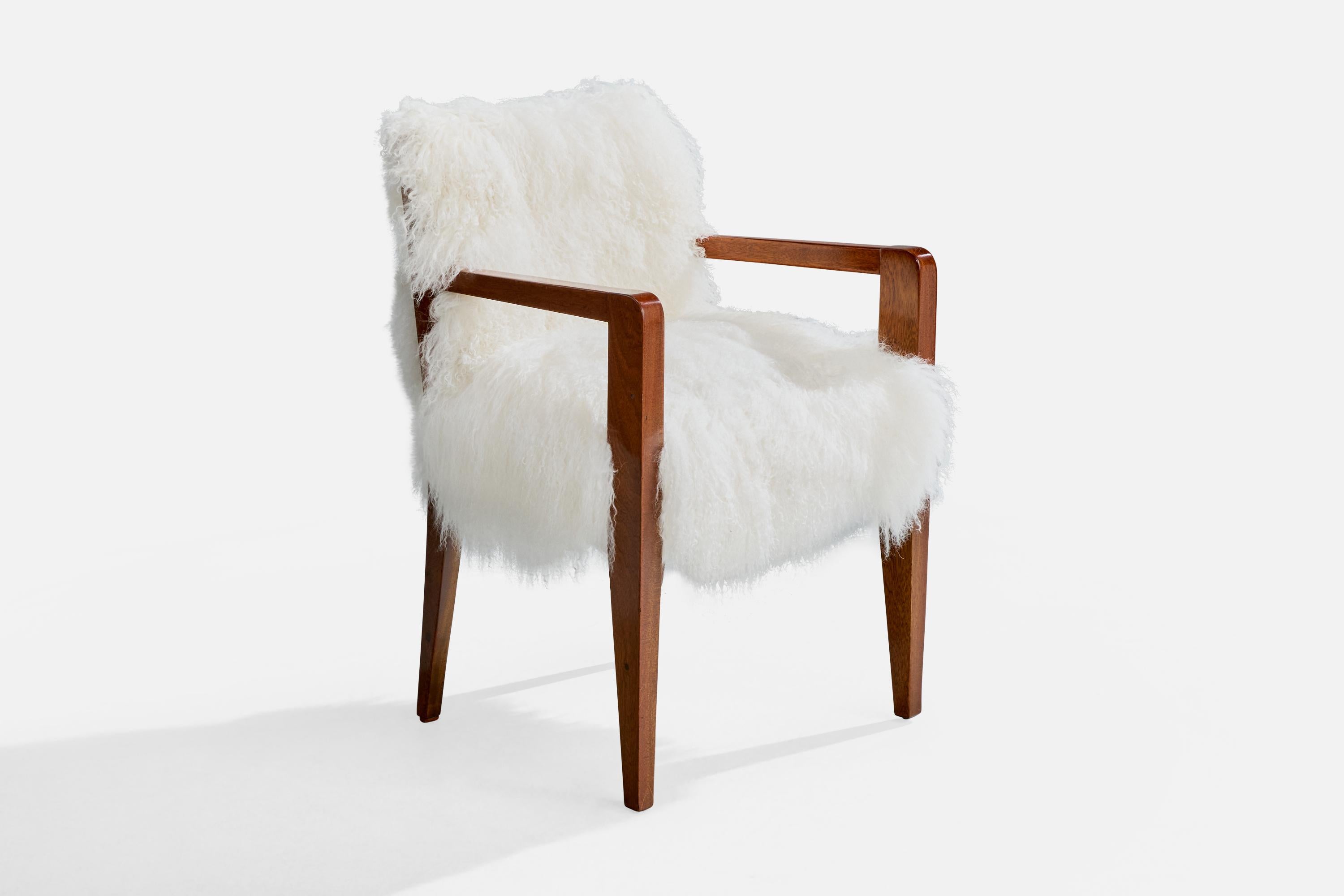 French Designer, Armchair, Wood, Shearling, France, 1930s In Good Condition For Sale In High Point, NC