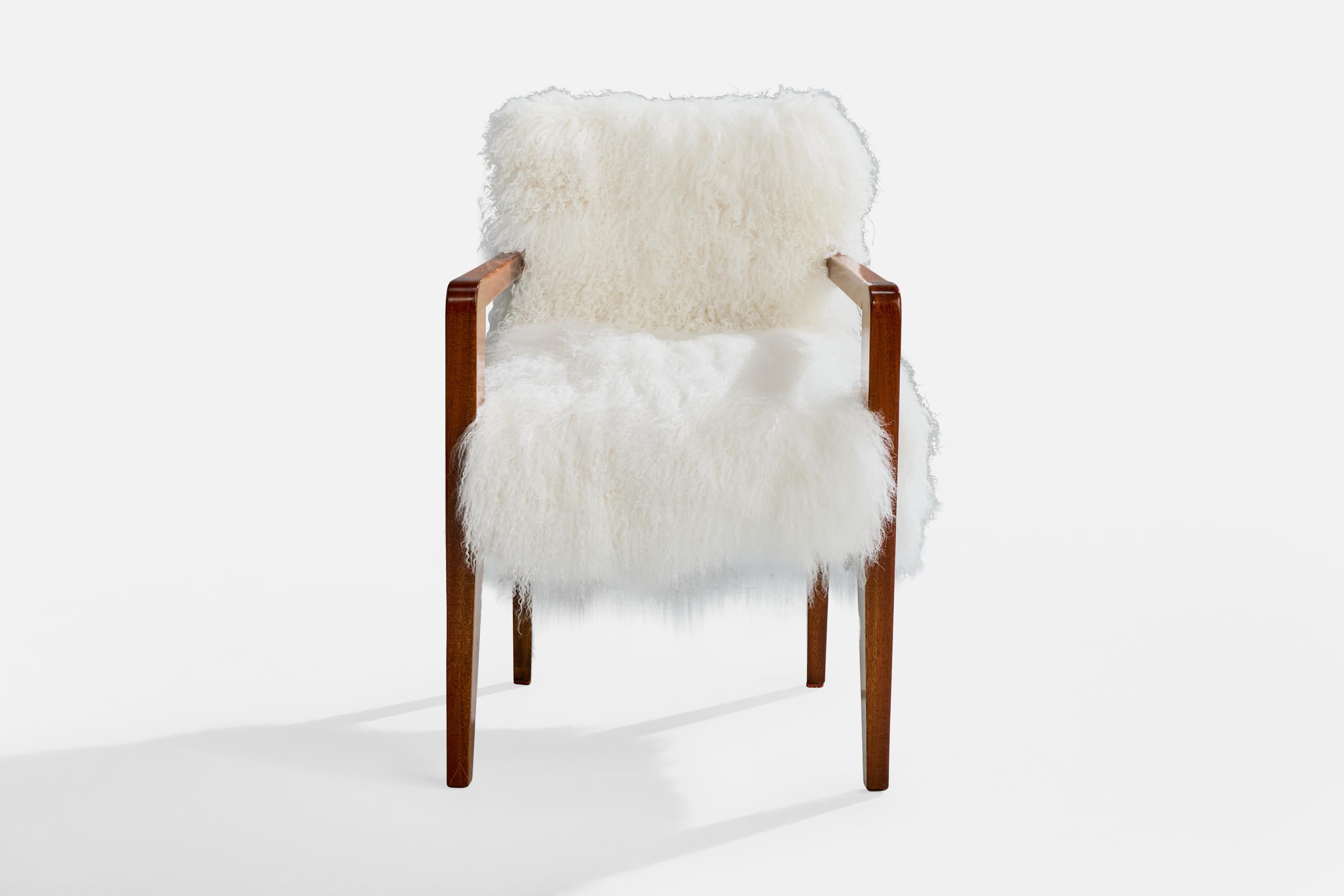 Mid-20th Century French Designer, Armchair, Wood, Shearling, France, 1930s For Sale