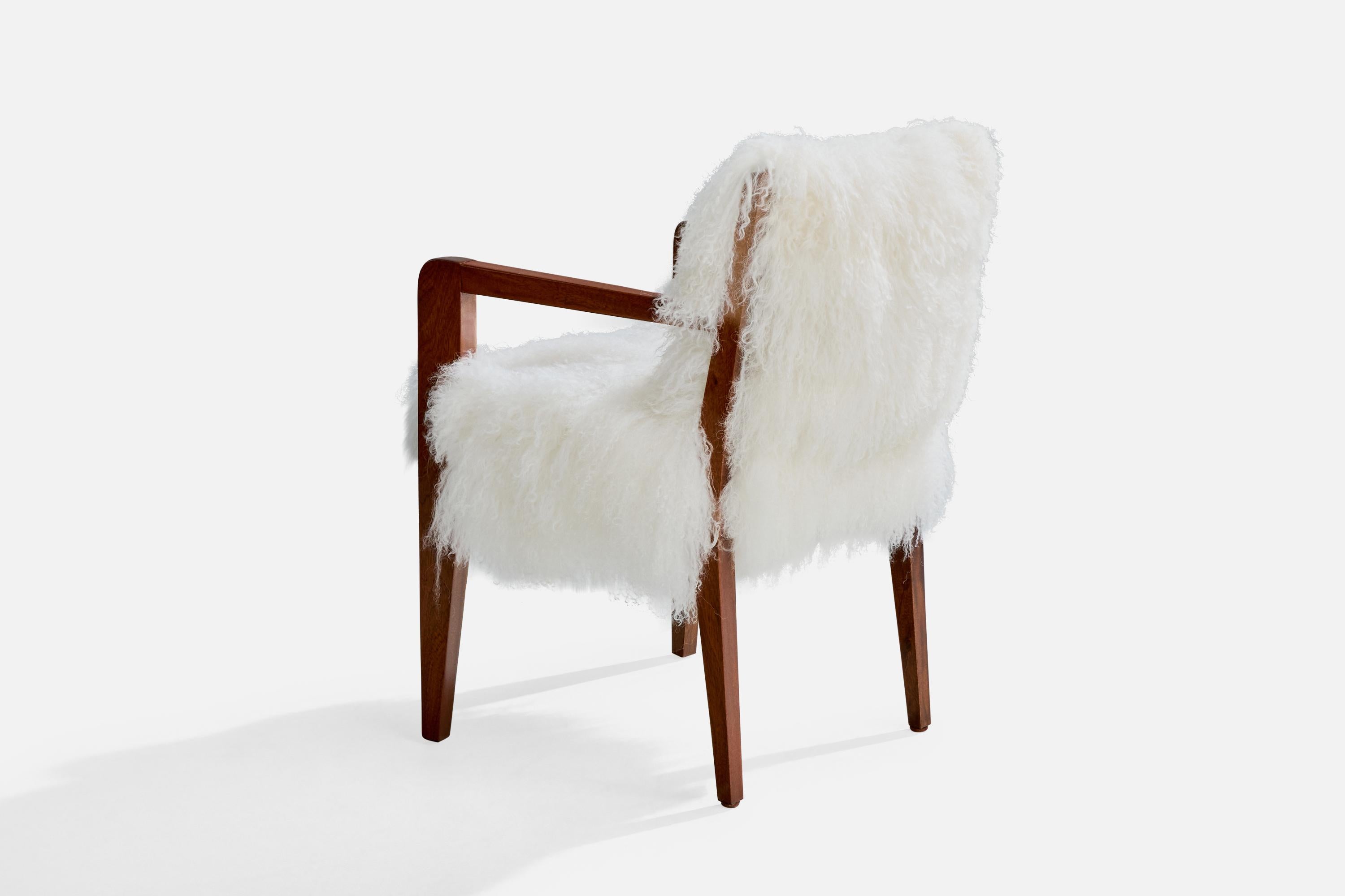Upholstery French Designer, Armchair, Wood, Shearling, France, 1930s For Sale