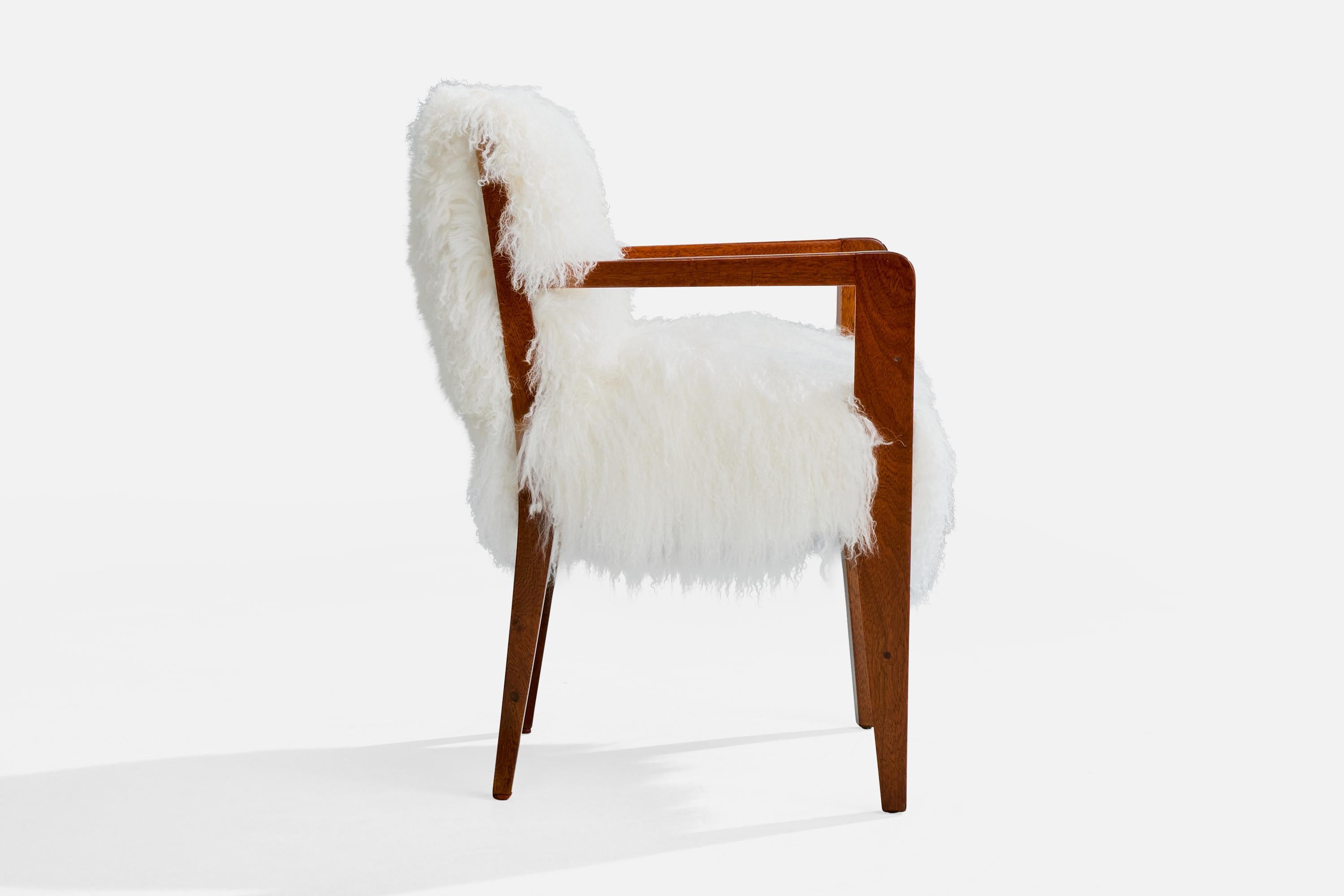 French Designer, Armchair, Wood, Shearling, France, 1930s For Sale 1