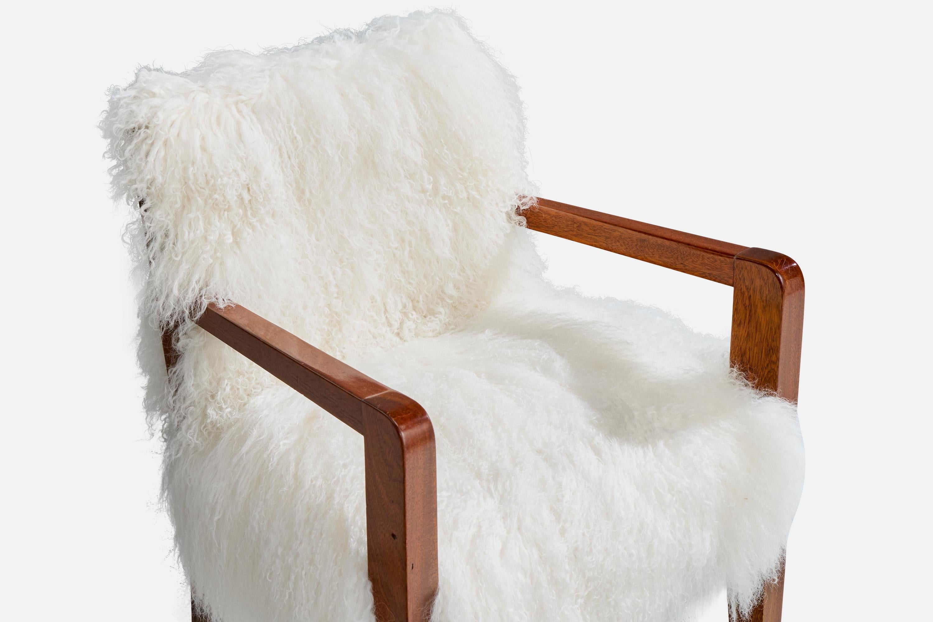 French Designer, Armchair, Wood, Shearling, France, 1930s For Sale 2
