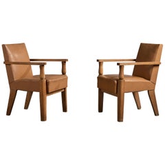 French Designer, Armchairs, Beech, Vinyl, France, 1960s