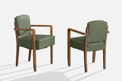 French Designer, Armchairs, Oak, Waxed Fabric, France, 1930s