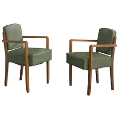 French Designer, Armchairs, Oak, Waxed Fabric, France, 1930s