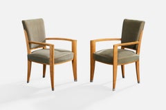 French Designer, Armchairs, Wood, Fabric, Nickel, France, 1940s