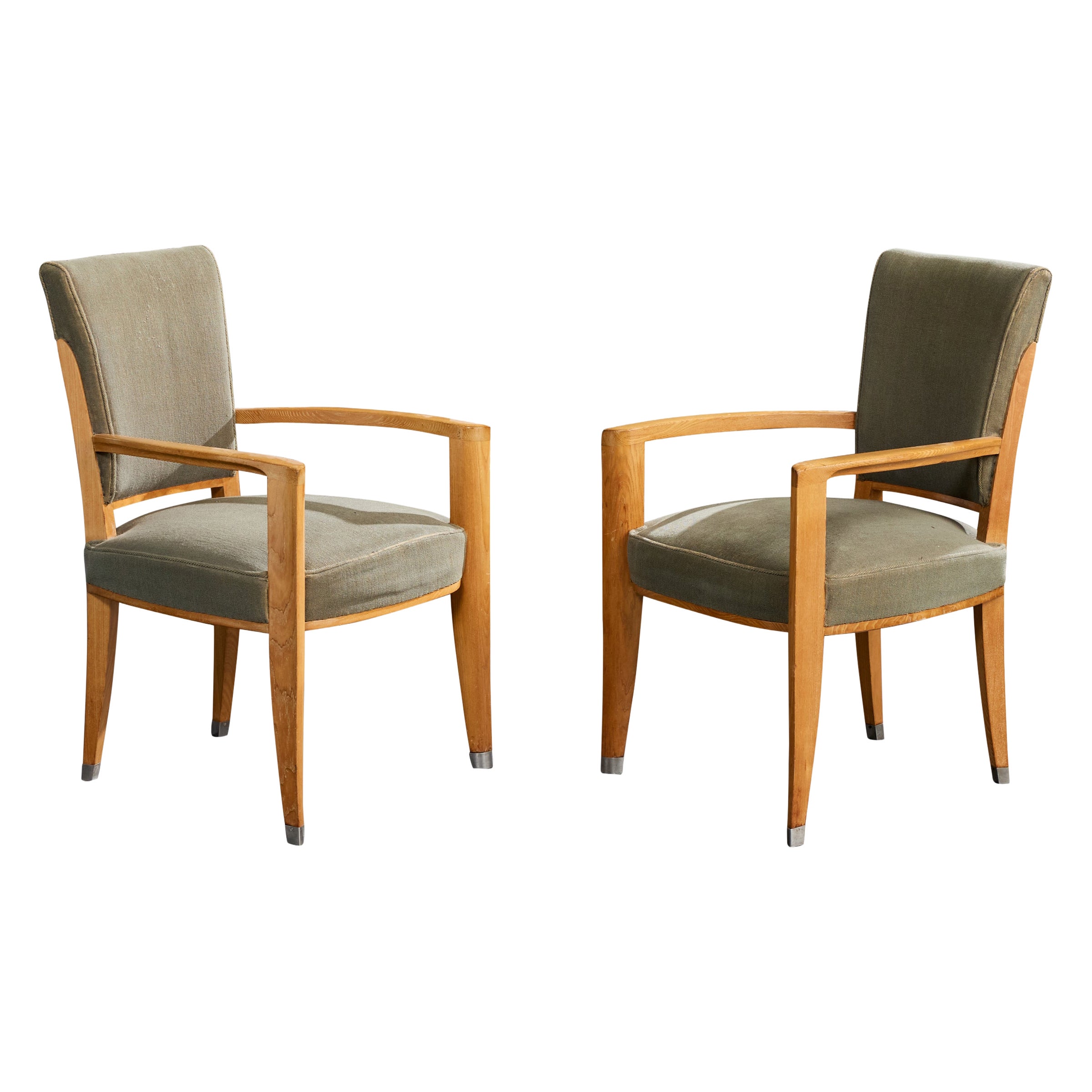 French Designer, Armchairs, Wood, Fabric, Nickel, France, 1940s