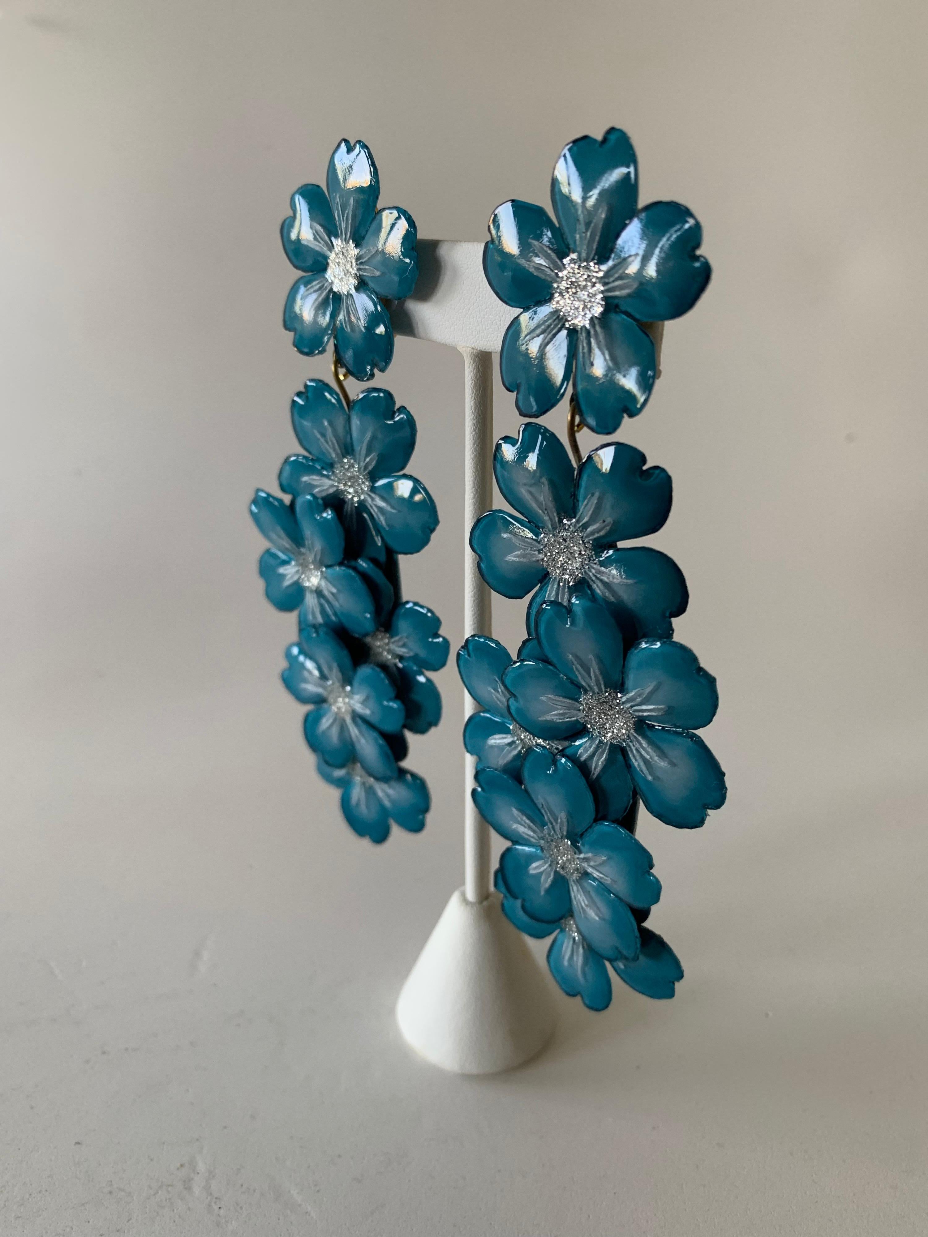 Contemporary  Blue and Silver Flower Chandelier Statement Earrings  4