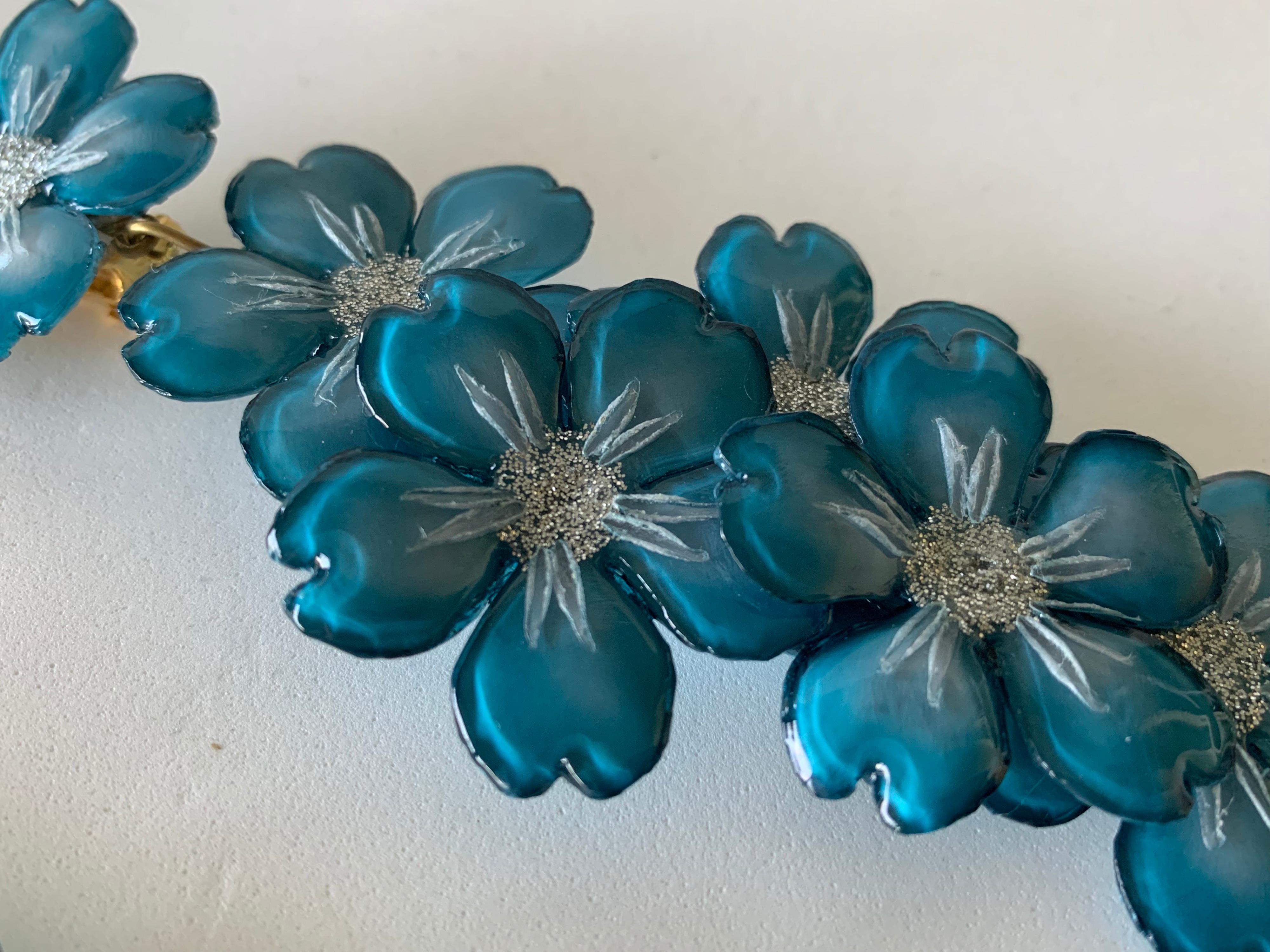 Contemporary  Blue and Silver Flower Chandelier Statement Earrings  5