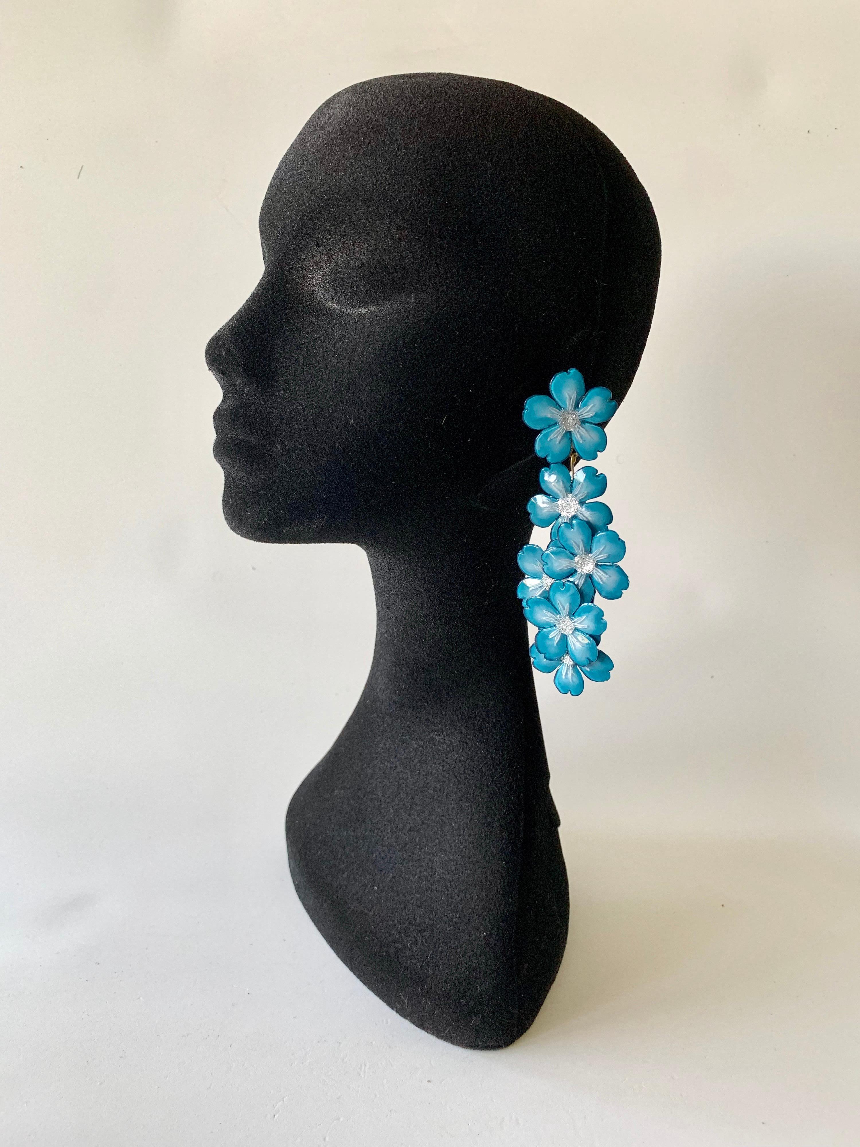 Contemporary  Blue and Silver Flower Chandelier Statement Earrings  In New Condition In Palm Springs, CA