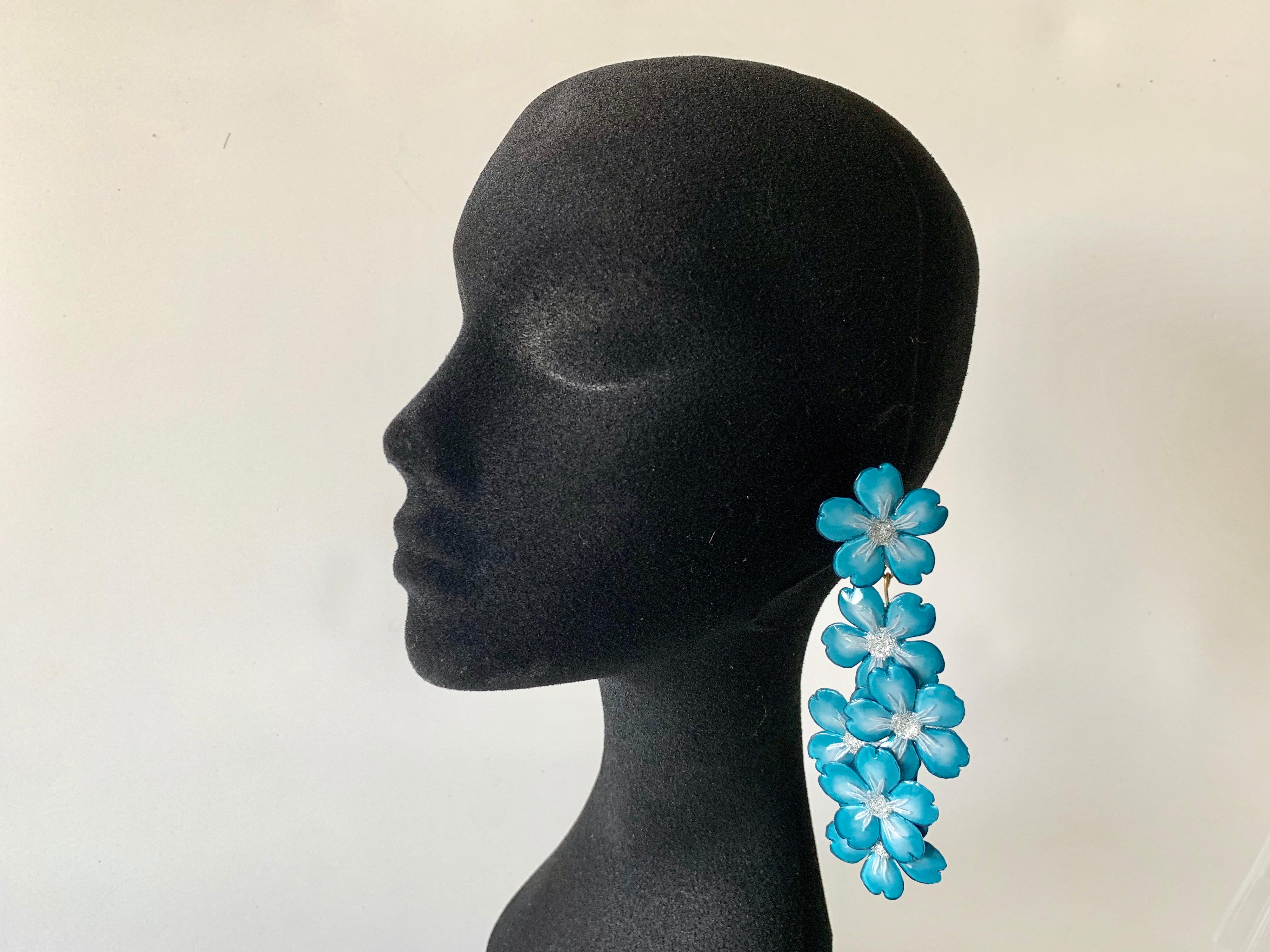 Women's Contemporary  Blue and Silver Flower Chandelier Statement Earrings 