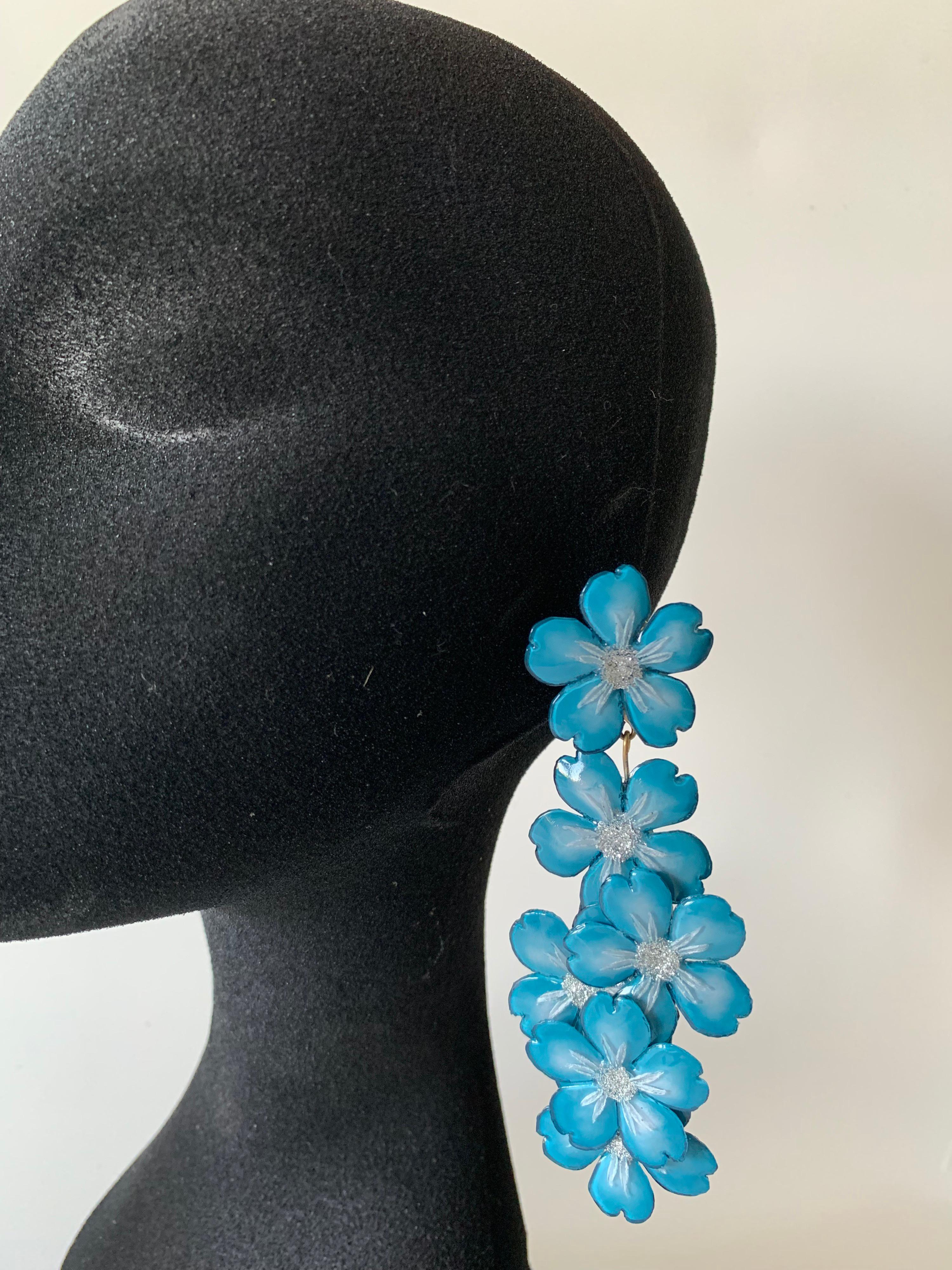 Contemporary  Blue and Silver Flower Chandelier Statement Earrings  1