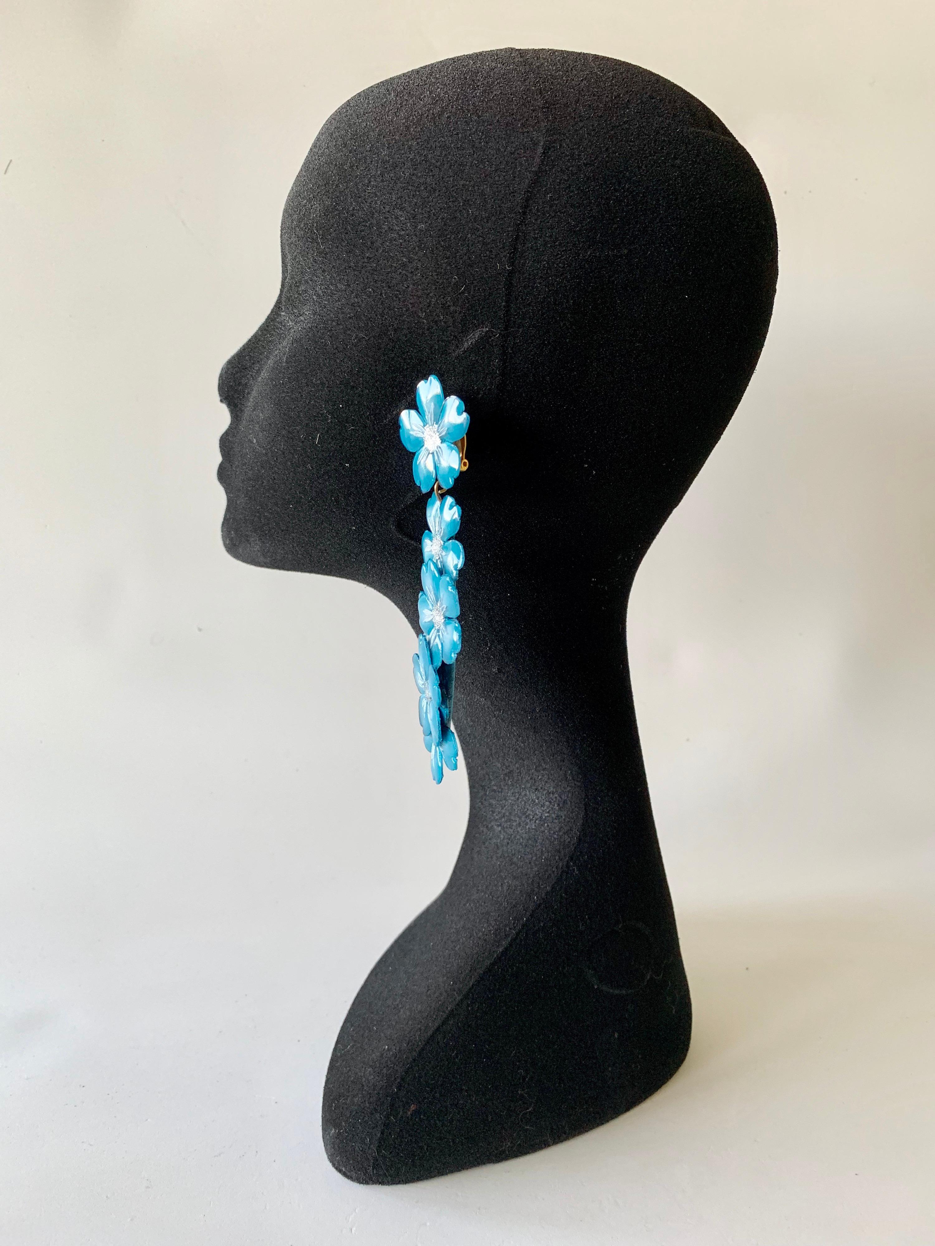 Contemporary  Blue and Silver Flower Chandelier Statement Earrings  2