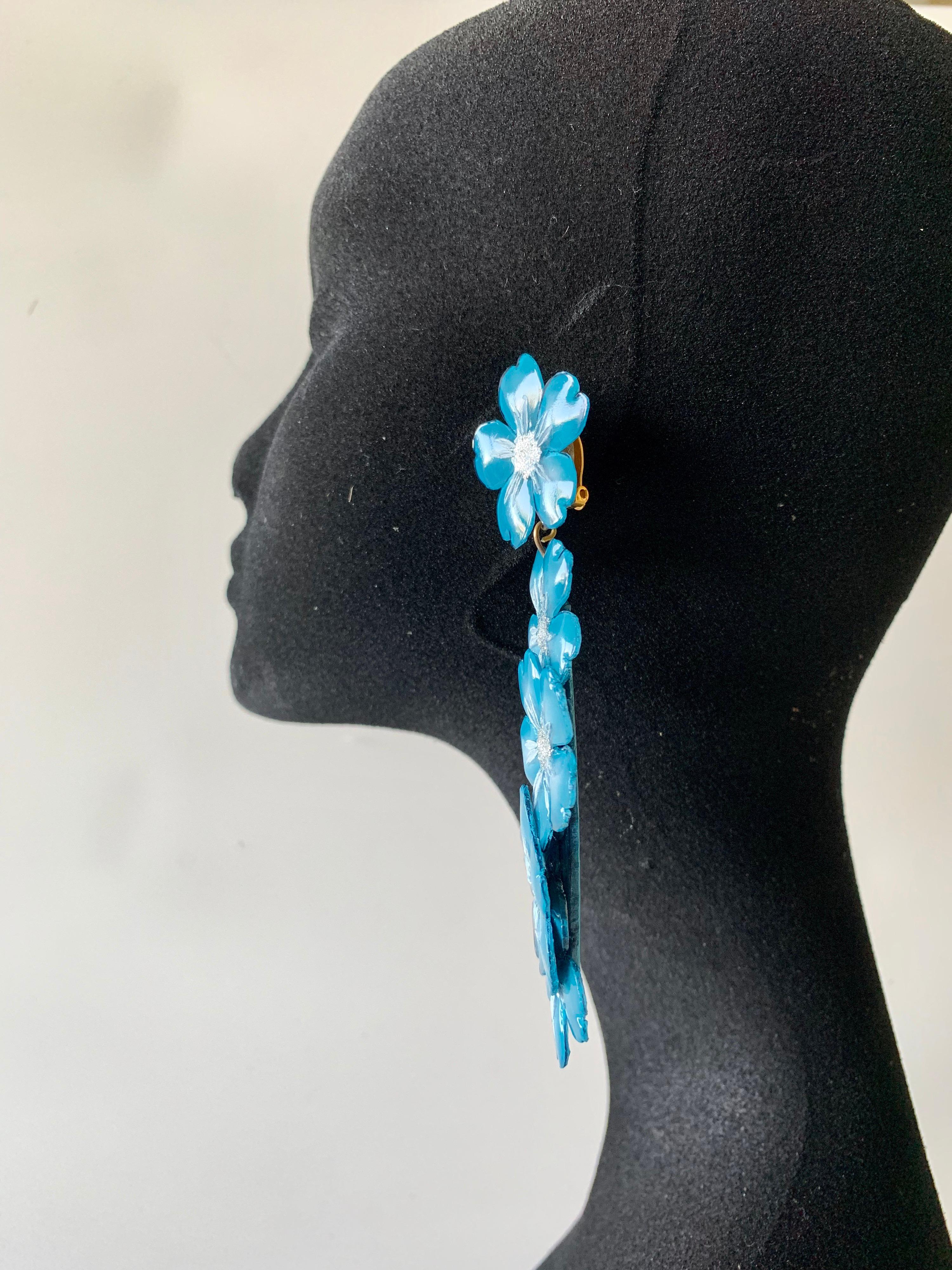 Contemporary  Blue and Silver Flower Chandelier Statement Earrings  3