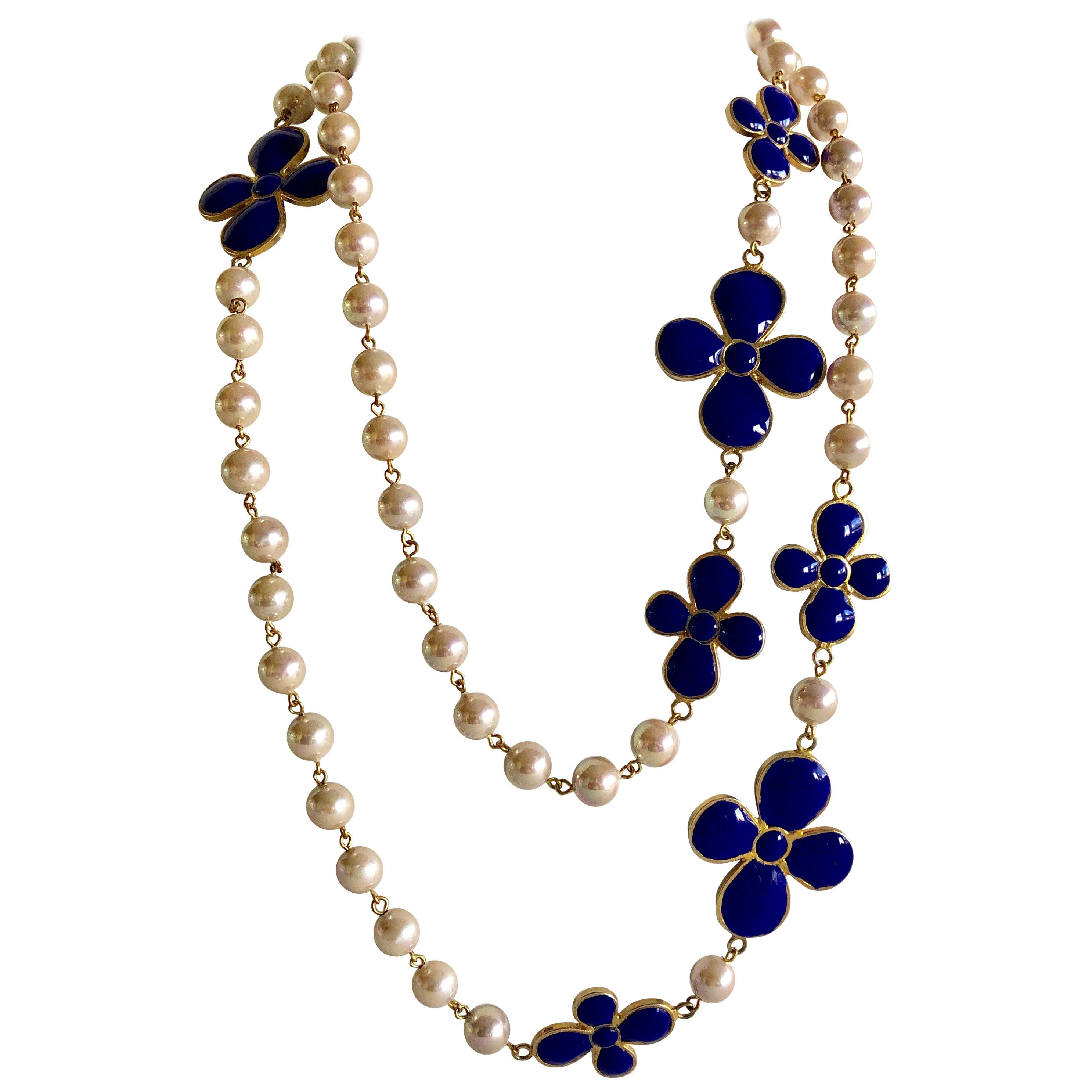 French Designer Blue Taupe Pearl Statement Necklace 