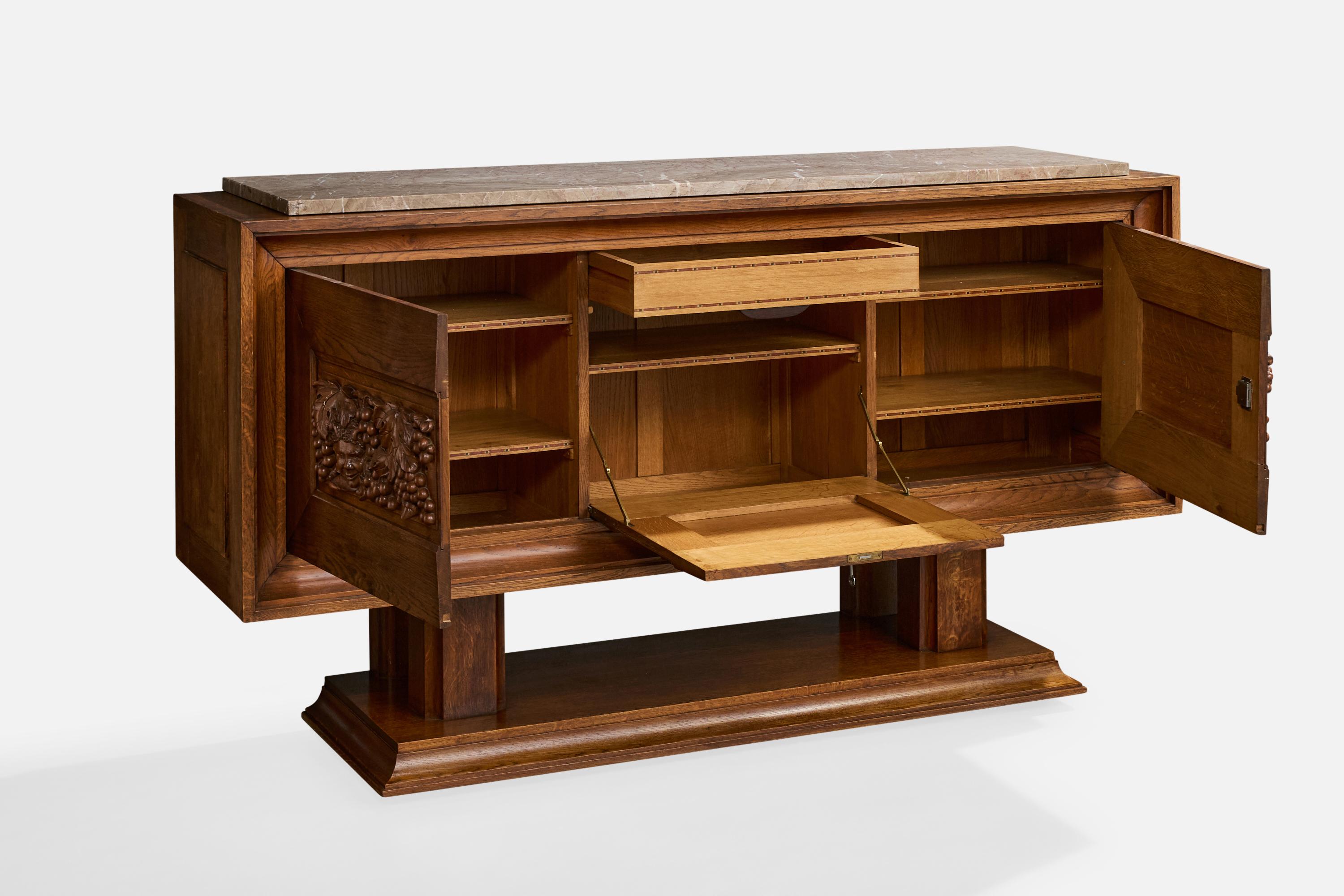 Mobile di design francese, quercia, marmo, Francia, anni '40 in vendita 4