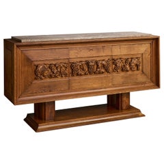 French Designer, Cabinet, Oak, Marble, France, 1940s